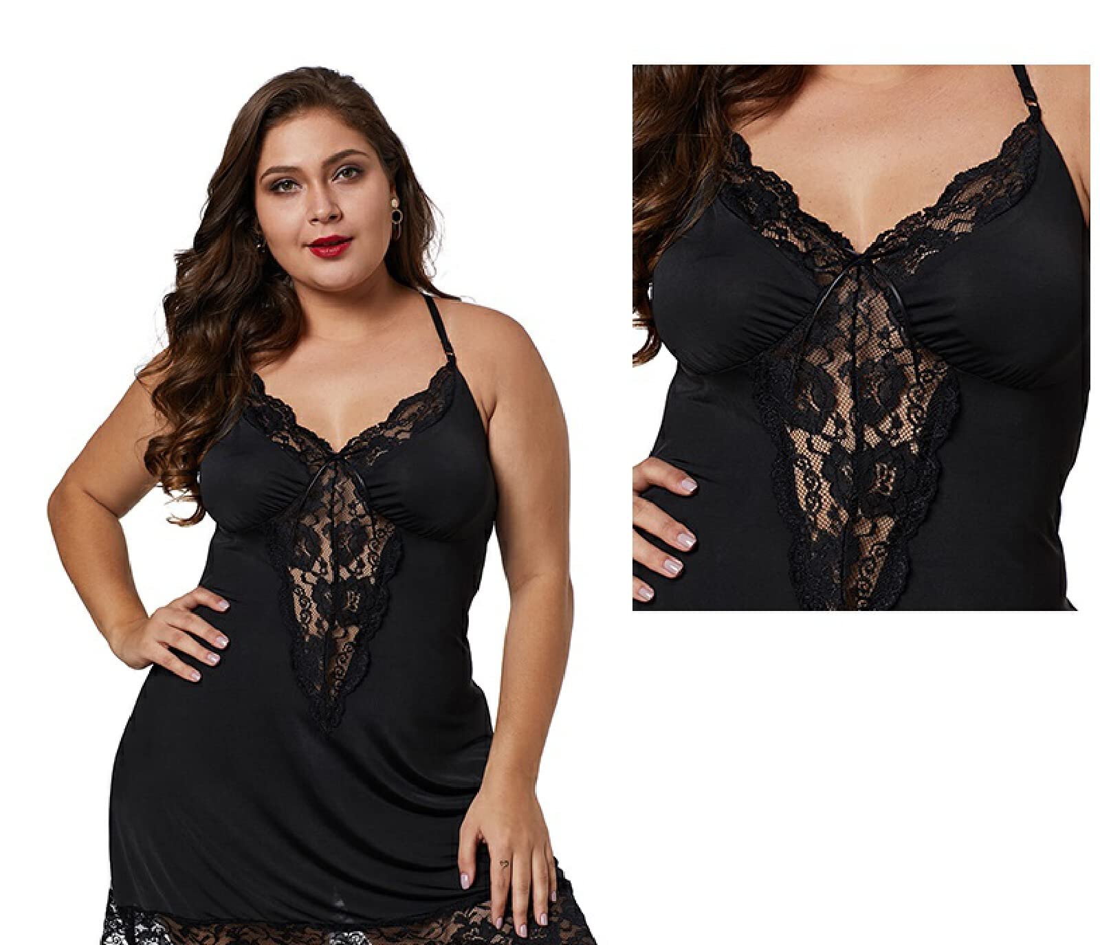 Nuisette Nuisette Chemise De Nuit Grande Taille en Soie Glacée Et Fronde en Dentelle
