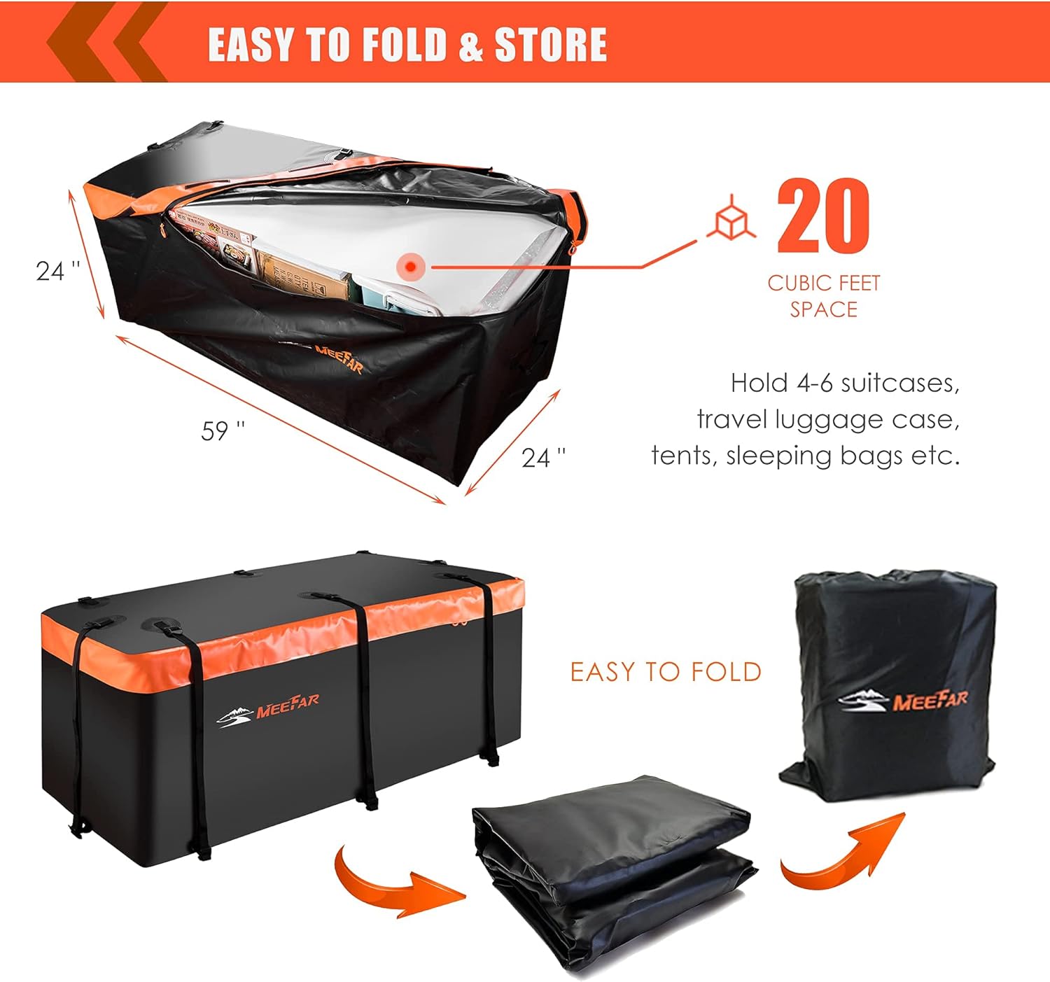 Combo of MeeFar Hitch Mount Cargo Carrier Bag Soft Shell 20 Cubic Feet 100% Waterproof + 15 Cubic Feet Car Roof Bag Cargo Carrier