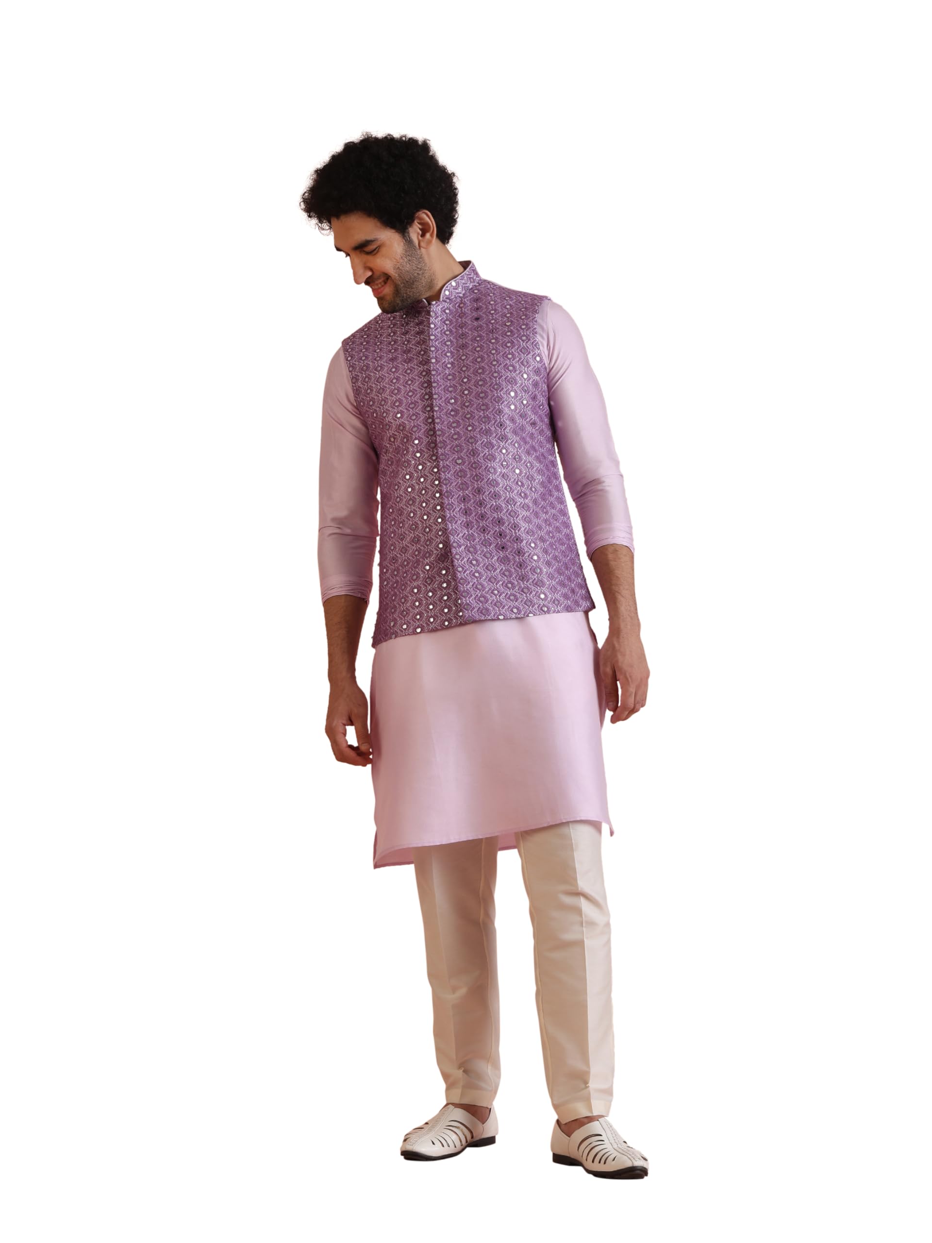 Men's Kurta Jacket Churidar Set, Black Art Silk, Regular Fit Embellished Long Sleeves Mandarin Collar-image-31