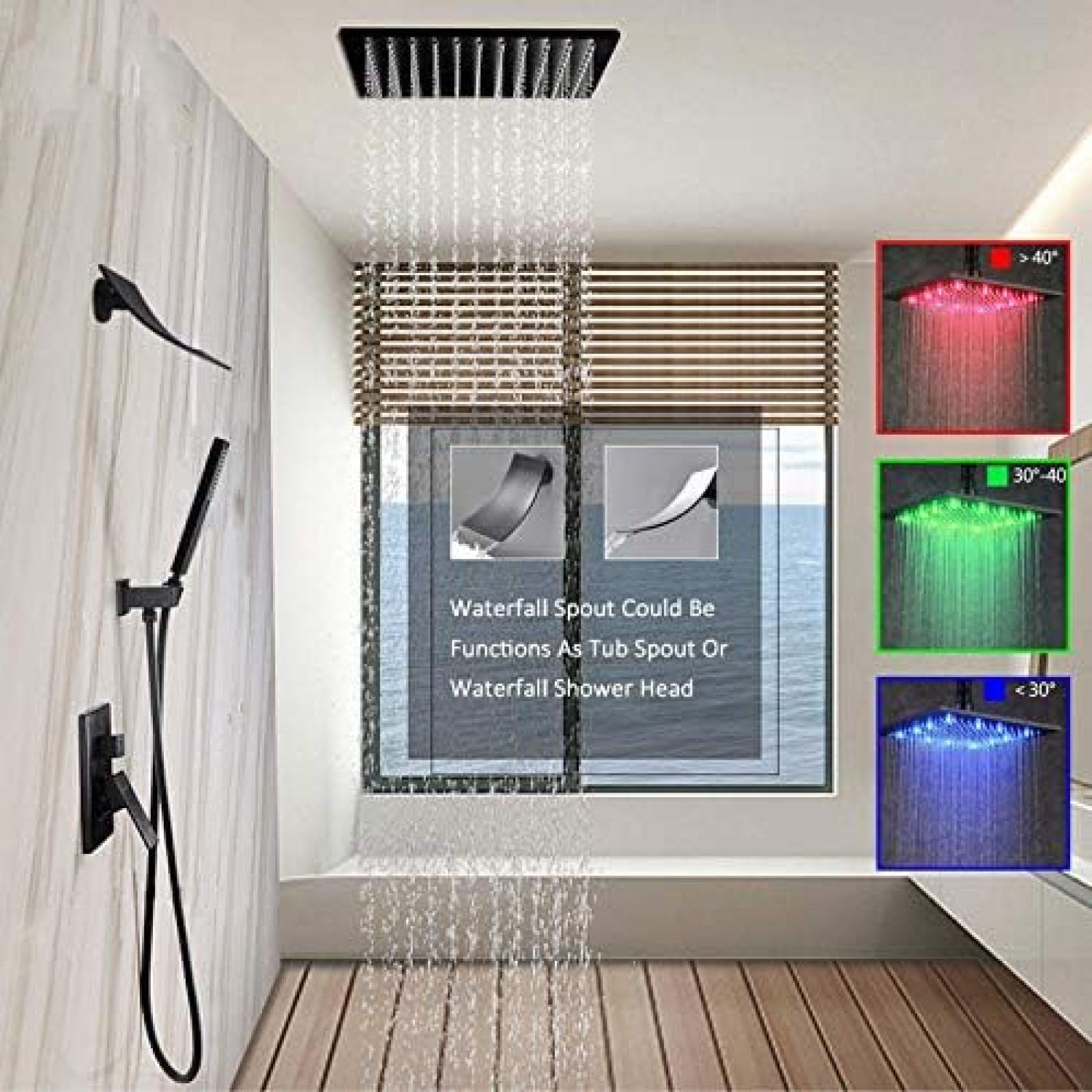 Mitigeur à 3 voies haut de gamme et douche LED cascade noire