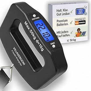 Villageboom Digitale Kofferwaage 50kg – Gepäckwaage mit Haken & Gurt, LCD beleuchtet, 10g Teilung, Tara + Auto-Hold, inkl. AAA Markenbatterien – Unterstützt Solarprojekte in Afrika