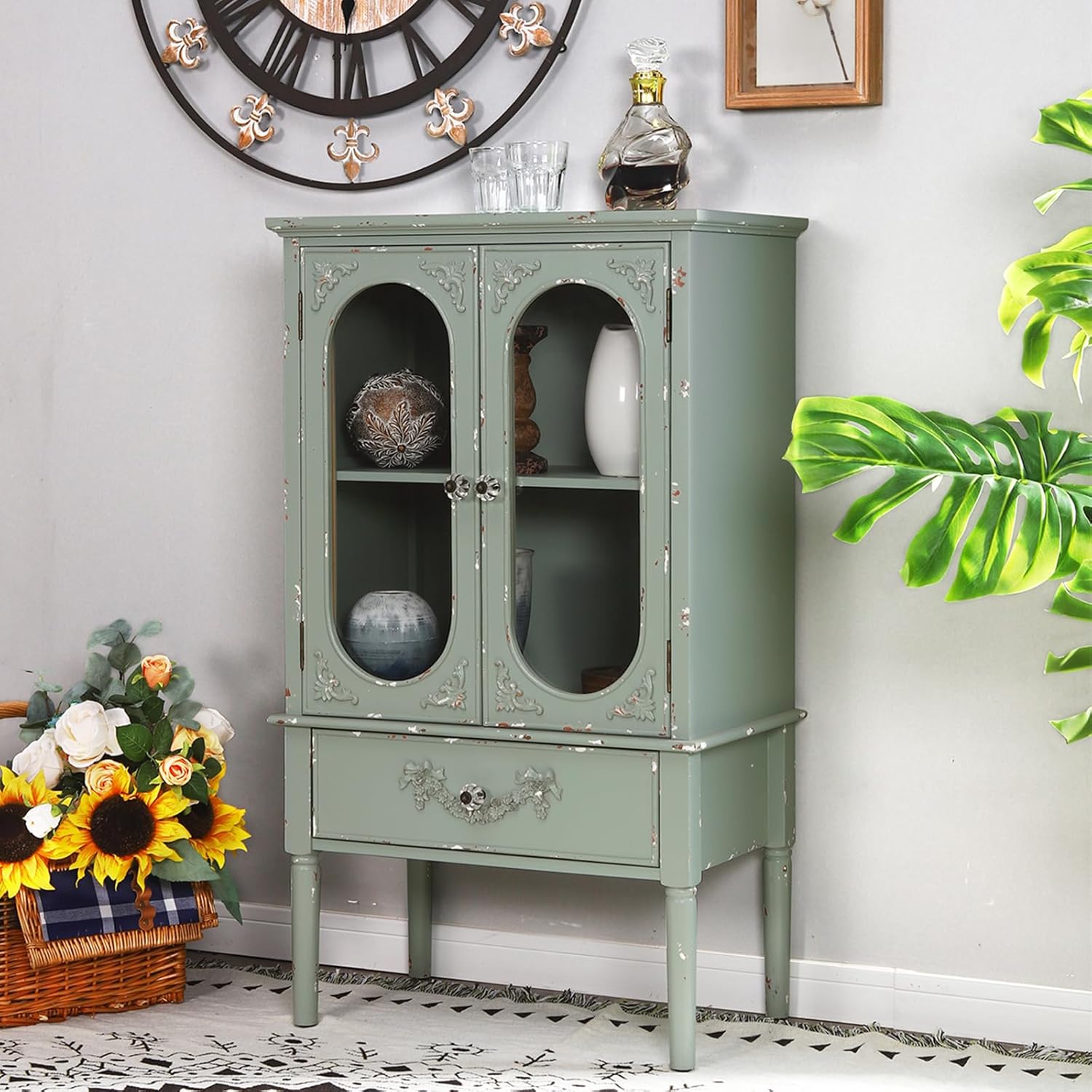 MAISON ARTS Buffet Cabinet with Storage, Kitchen Storage Cabinet with 2 Doors & 1 Drawer Modern Farmhouse Accent Storage Cabinet for Living Room Entryway, Solid Wood Legs, Glass Doors, Mint Green