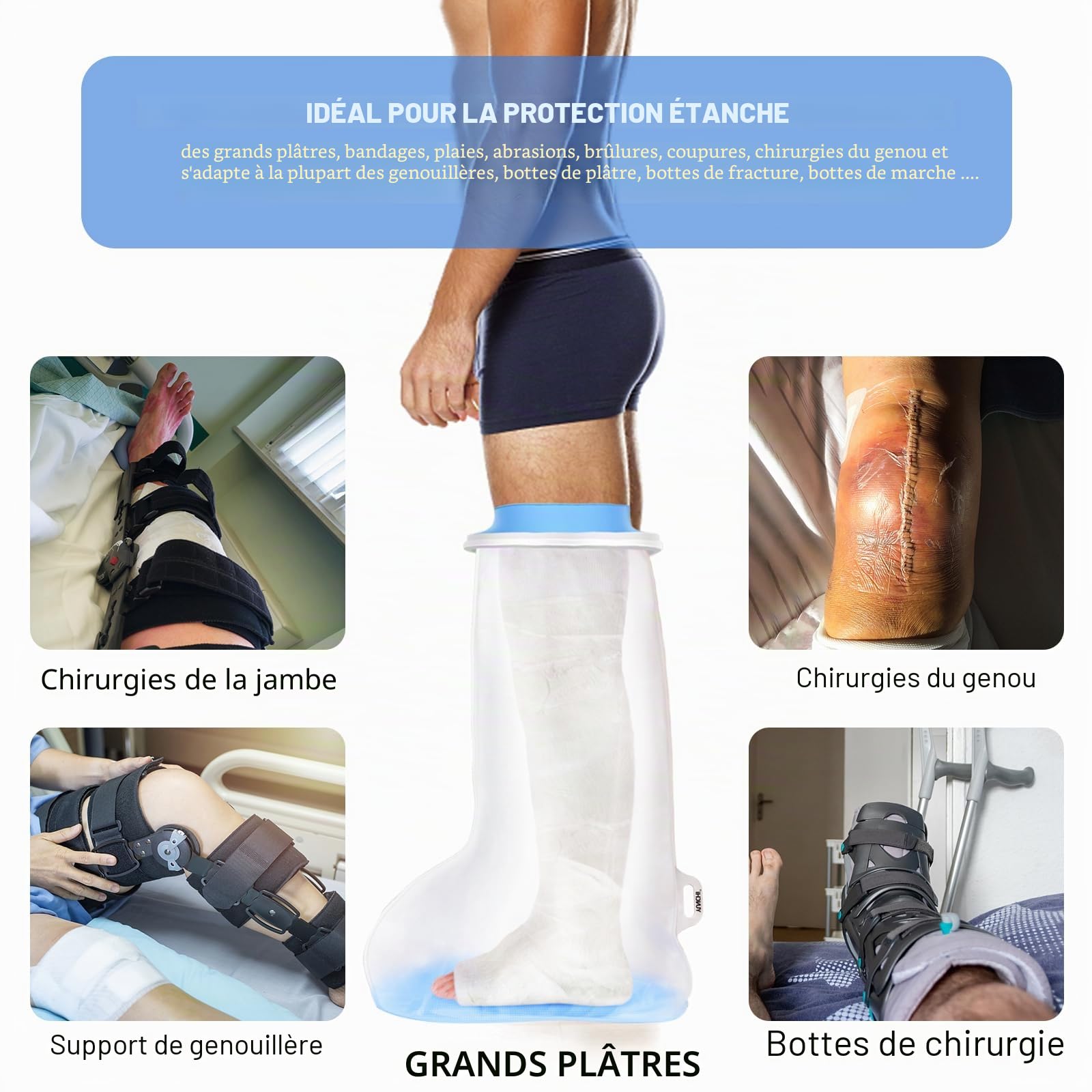 YUNCHI Protection de Douche pour Jambe Longue Adulte Anti-Dérapant XL Protection Étanche Réutilisable pour Orthèse Bloque Fixateur Fessier Genou Bandage (Protège-Jambe Long XL)