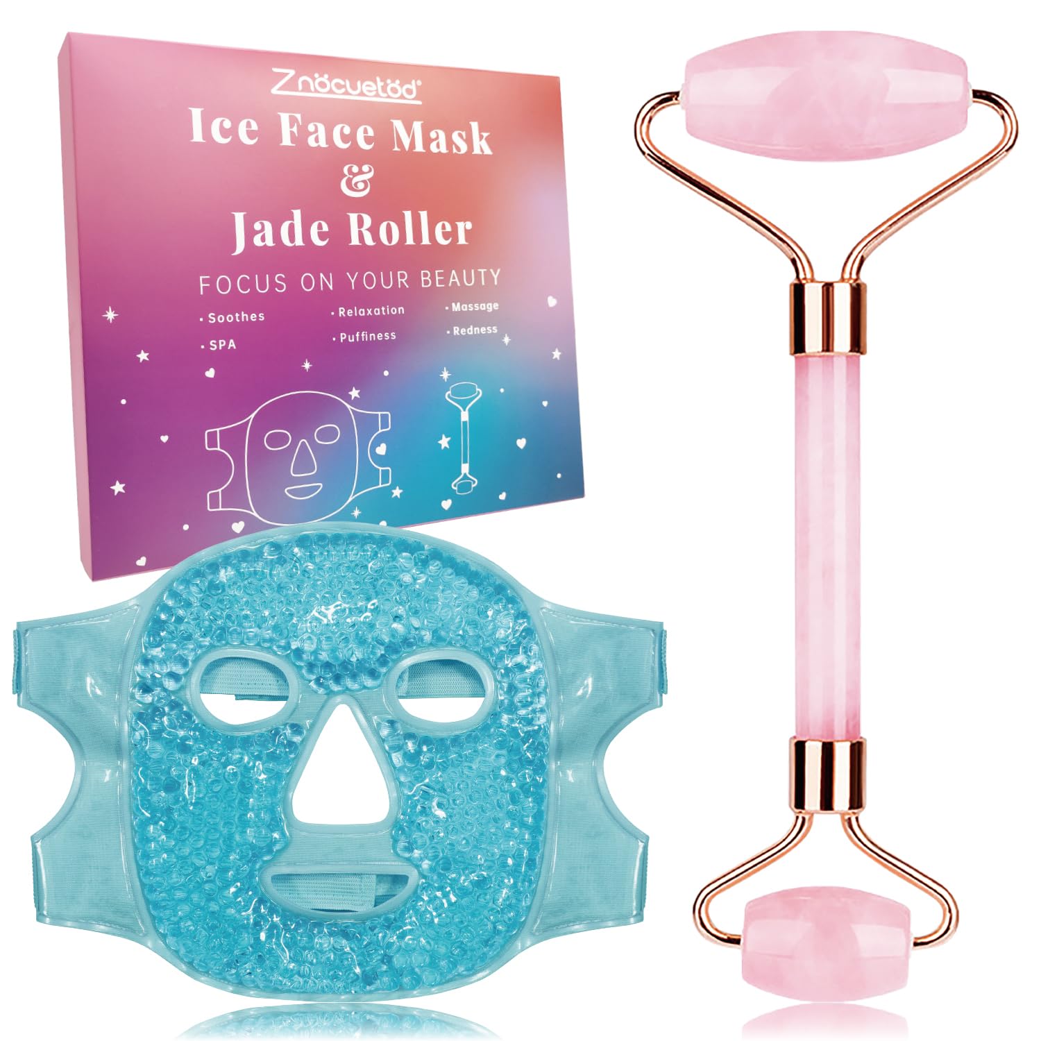 ZNÖCUETÖD Ice Face Facial Jade Roller and Ice Face Mask Cold Cooling Gel Mask Gift Set for Women Aging Wrinkles Lifting Firming Puffy Eyes, Eye Face Neck Roller Massager SPA Tools