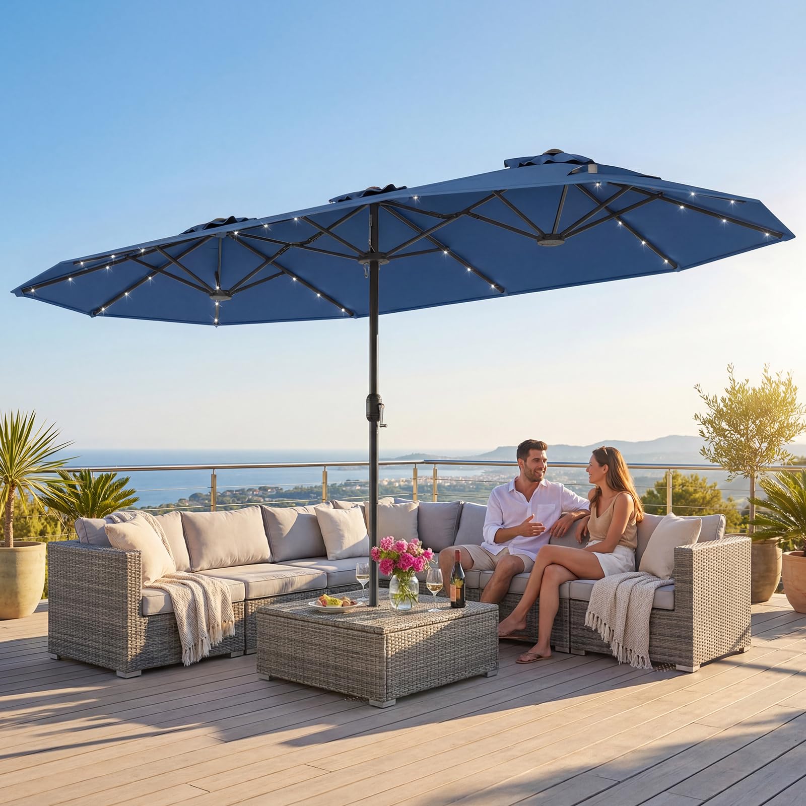 COSTWAY Podwójny parasol przeciwsłoneczny ze stojakiem i diodami LED, 400 x 200 cm, duży parasol przeciwsłoneczny, XXL, UPF 50+, parasol ogrodowy z korbą, parasol tarasowy, do ogrodu, na taras i basen