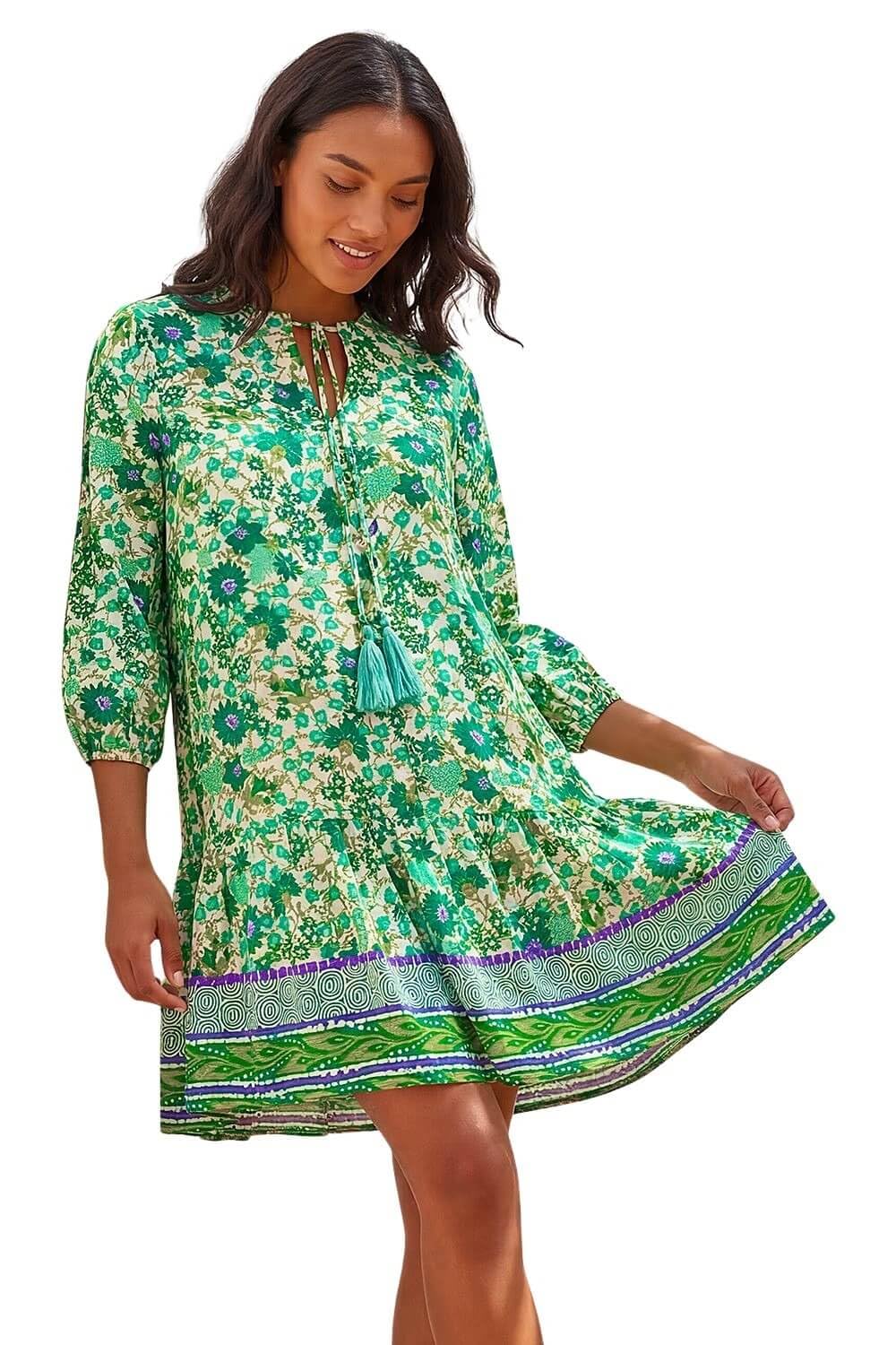Roman Women's Green Floral Print Border Smock Dress In | Size: 20