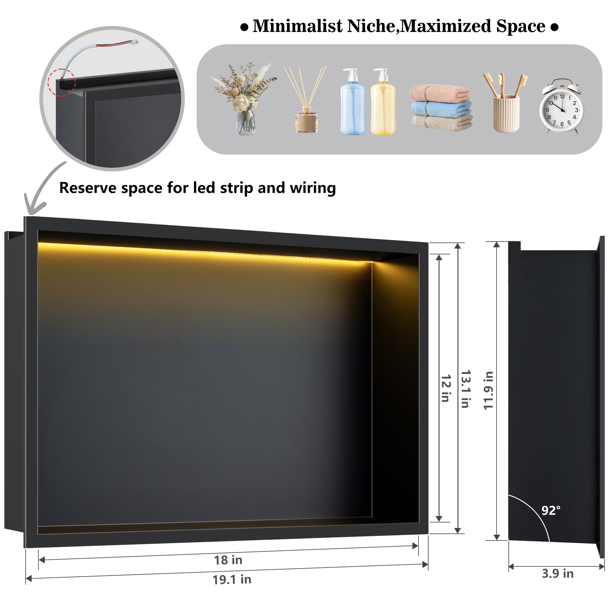 FTL Nicchia da Parete per Doccia in Acciaio Inox con Luce LED 45x30cm,Nero Nicchia da Doccia Incasso con 3000K Bianco Caldo LED,Senza Piastrelle,Impermeabile Nicchia per Bagno