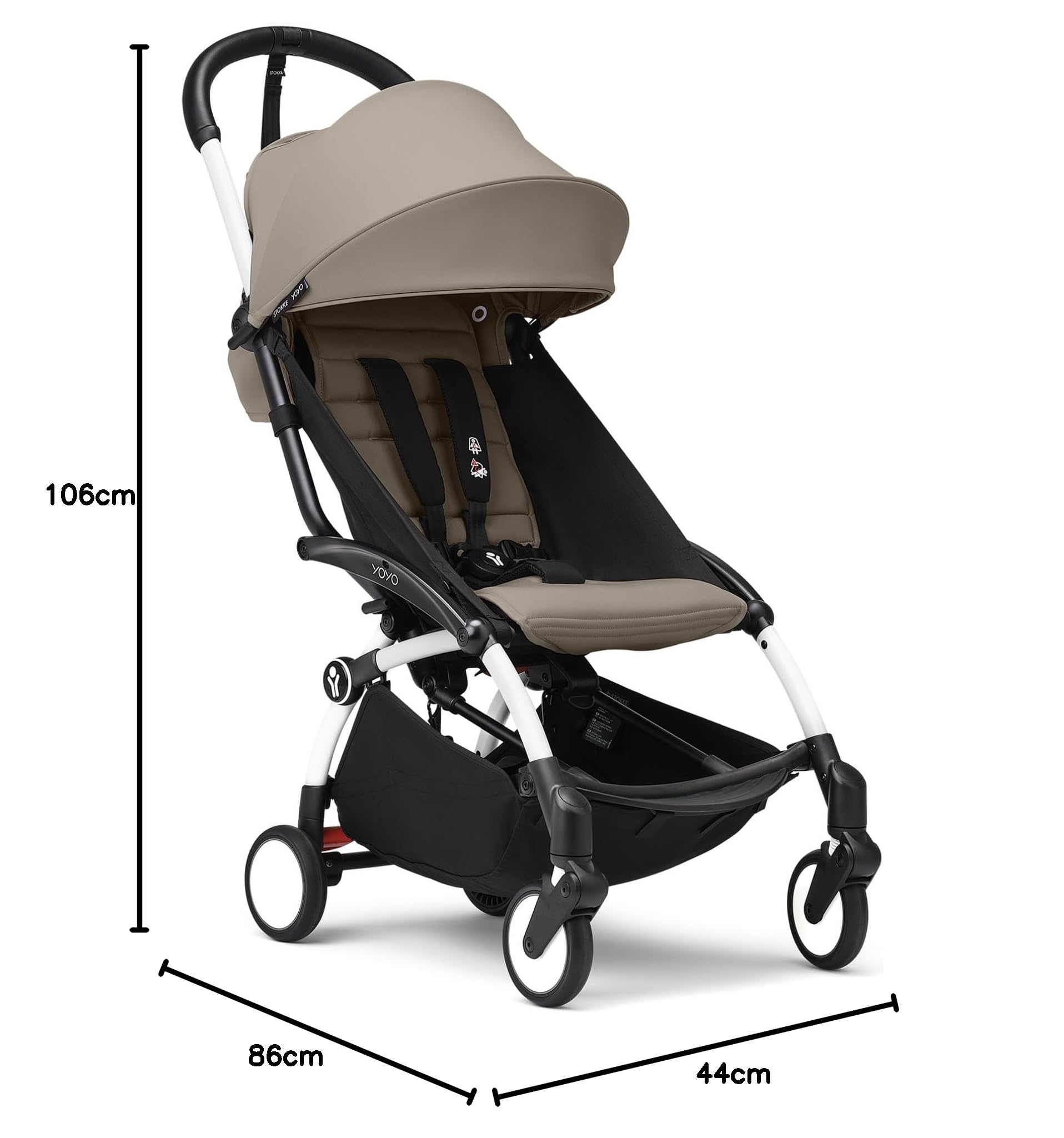 Stokke YOYO3 Kinderwagen ab 6 Monaten - Inklusive weißem Rahmen, Taupe Sitzkissen + Verdeck - Blitzschnell ein- und ausklappbar - Leicht & kompakt - Handgepäck-kompatibel
