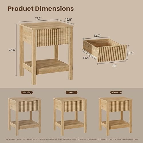 Miniatura 3 de Mesita de noche acanalada con mango dorado, juego de 2 mesitas de noche de mediados de siglo con cajón, mesita de noche con estante de