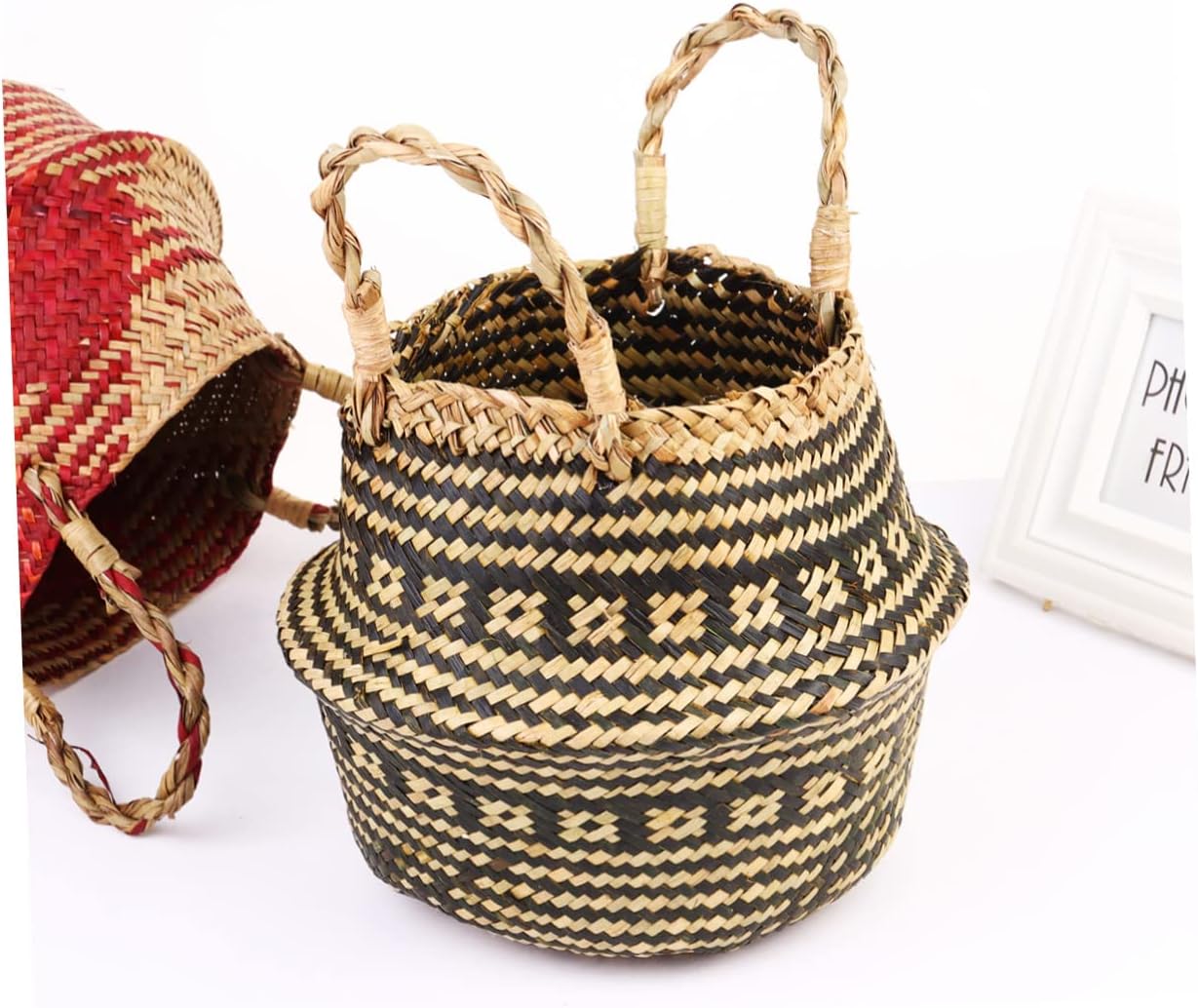 Cabilock Woven Linen Storage Basket Double Handles Multipurpose Flower Vase Container for Home Decor Organization Random Style