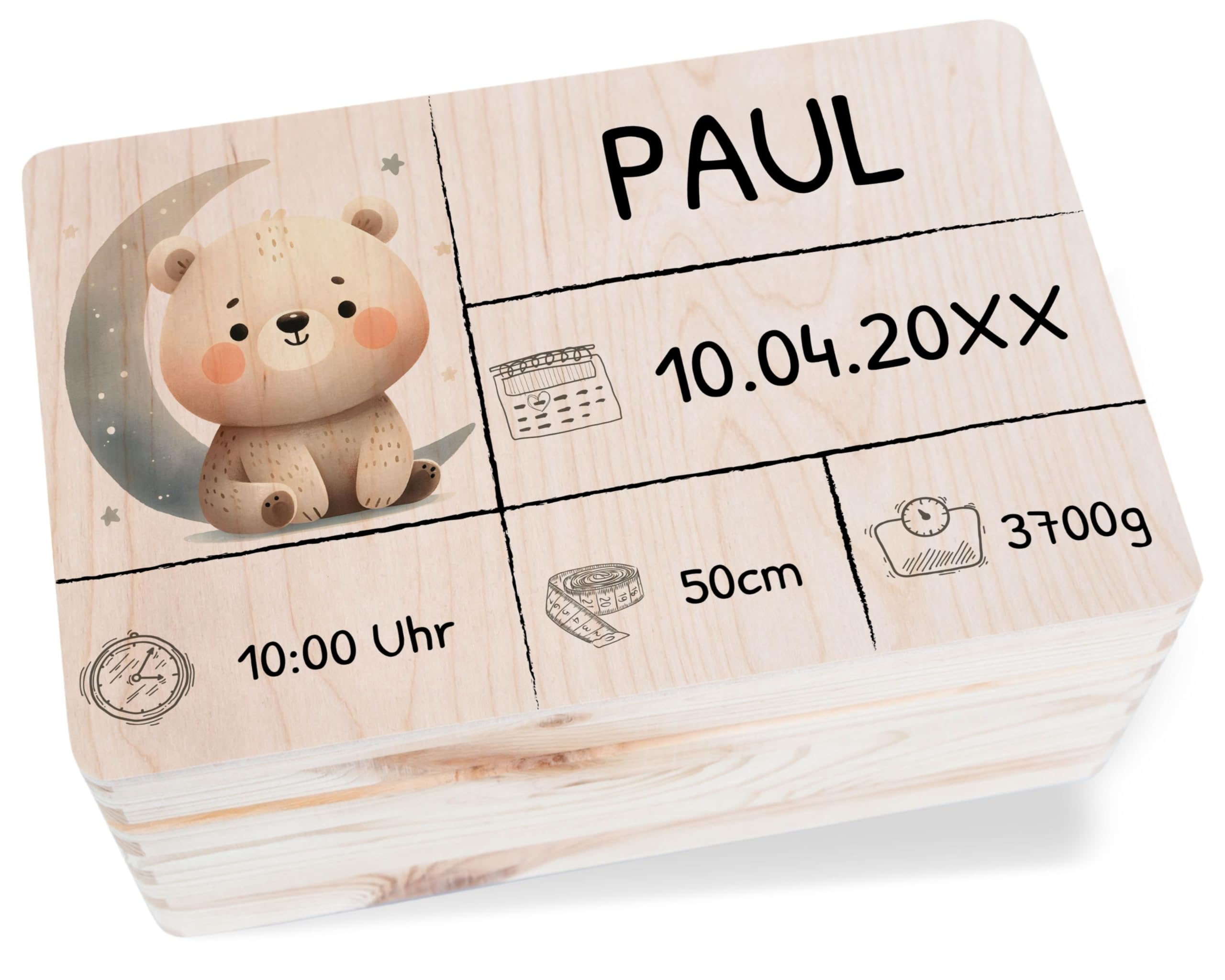 Holz Geschenkbox - Holzkiste zur Geburt Baby Personalisierte mit Bär | Baby Erinnerungsbox | Geschenk zur Geburt - 30 x 20 x 14 - Holz - kiste newborn babybox name bear box