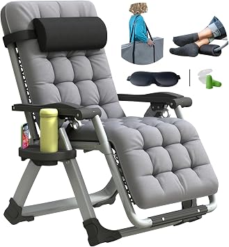 Oversized Zero Gravity Chair, XL Lounge Chair 29 Width, Padded Recliner Chair W/Removable Cushion & Adj Headrest, Storage Bag, Footrest Cushion, Cup Holder, for Indoor Outdoor, Gray