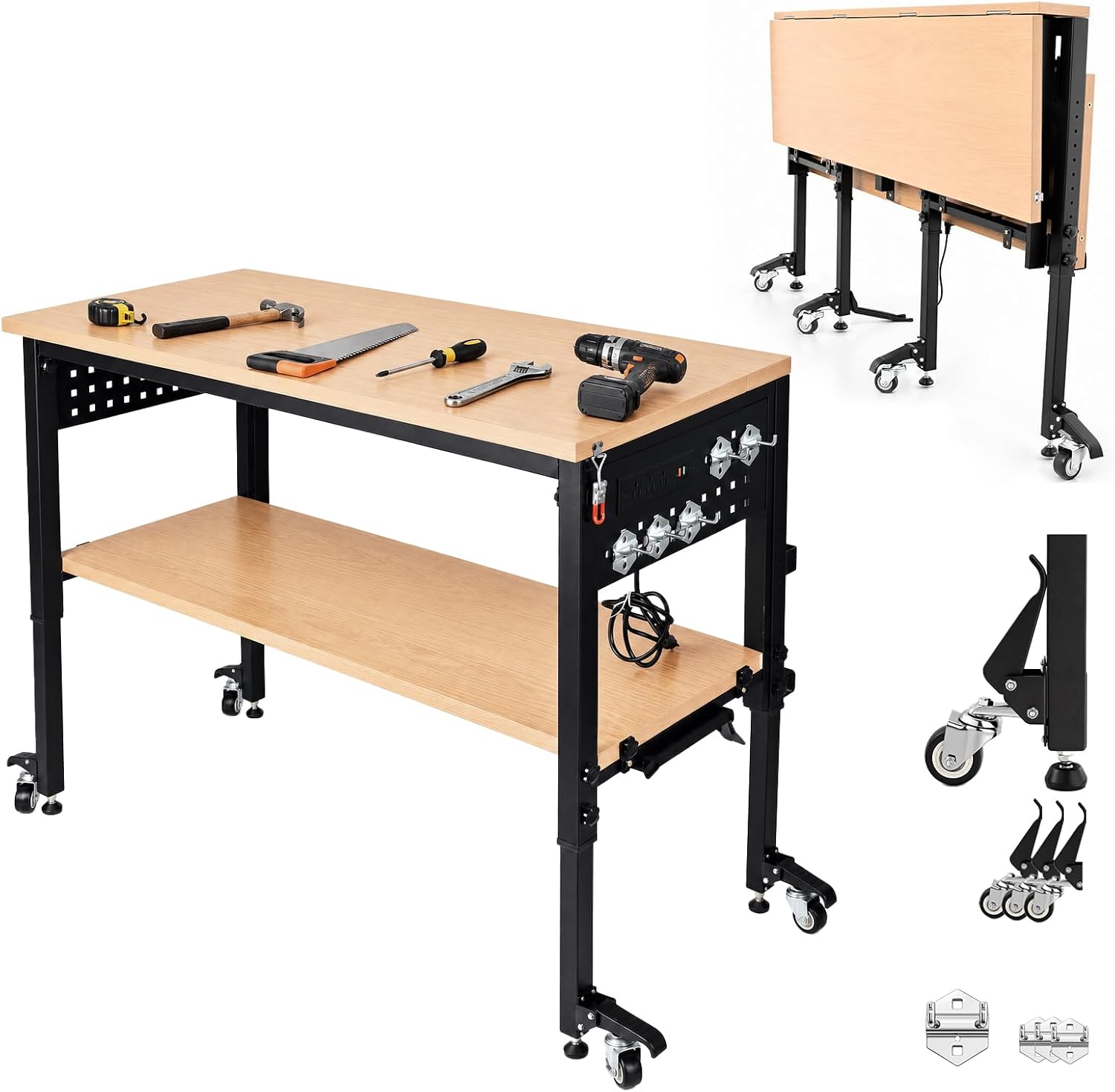 60" Heavy Duty Foldable Workbench with Transformable Wheels Adjustable Height, Rubberwood Table & Carbon Steel Frame with Pegboard, Max Load 2500 LBS for Garage, Woodworking, Office, Home