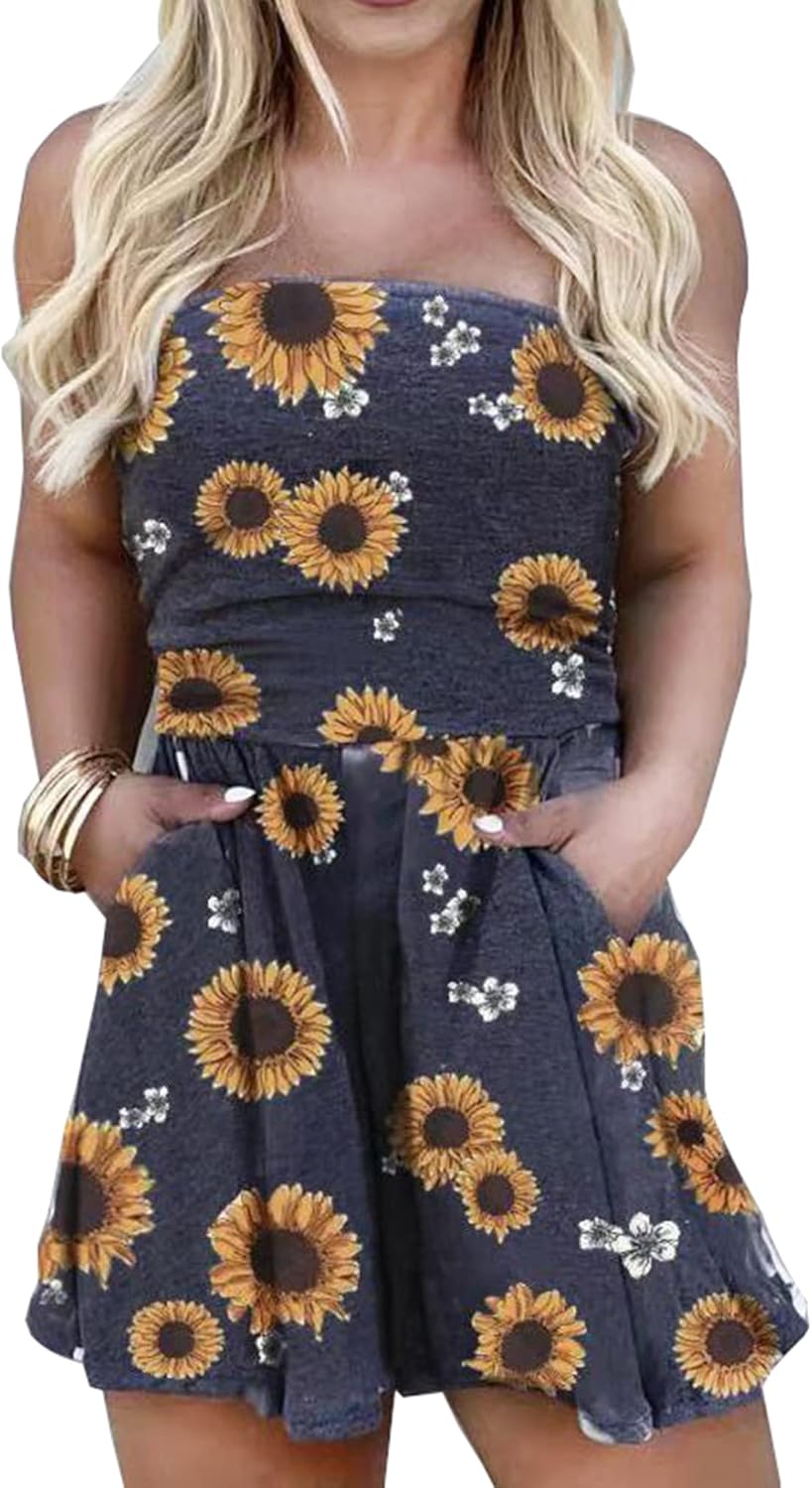 TAIUICY Women’s Off Shoulder Romper Floral Printed Strapless High-Waist Jumpsuit Tube Short Jumpsuit With Pockets