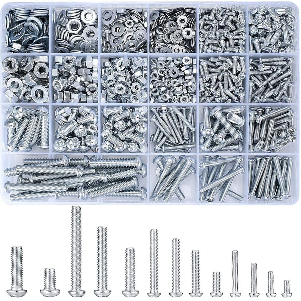 Jnchdghwa Round Head Bolts Sets, 1080 Pcs Screws Bolts and Nuts Assortment Kit-Metric Machine Screws and Nuts Flat Washers
