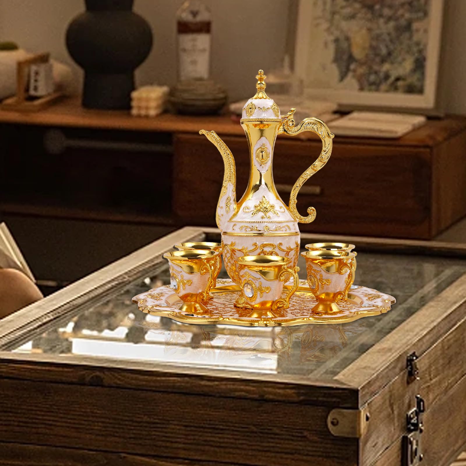 Tea Cup Set,250ml/8.45oz Vintage Coffee & Tea Pot Set with Tray and 6 Teacups, Portable Practical Tea Set Adults Tea Party Set for Homes Restaurants Hotels Tea Art (Gold, White)