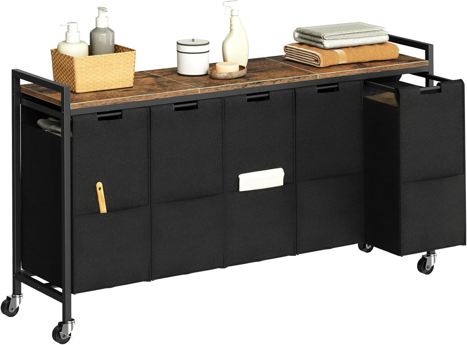 HOOBRO Laundry Sorter 5 Sections, Laundry Hamper with Wheels, 5 × 10.5 Gallon (40 L), Rolling Laundry Basket, Pull-Out and Removable Oxford Fabric Bags, Rustic Brown and Black BF07XY01