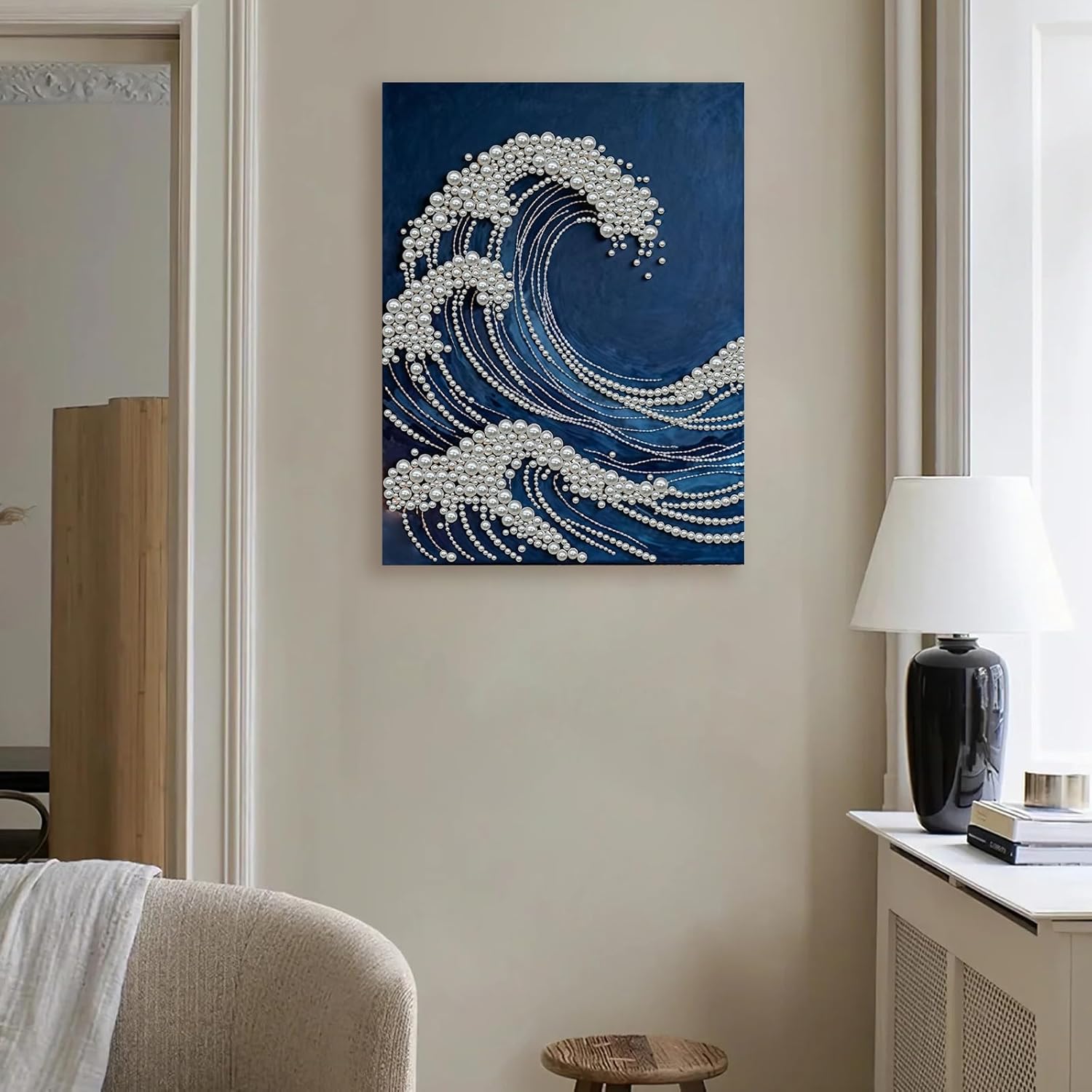 C'eitura Ocean Wave Pearl Diamond Art Painting Kit for Adults, DIY Full Drill Sparkling Seascape Gem Art with Frame 11.8x15.75 Inch, Coastal Home Wall Decor, Calming Beach Themed Craft Gift
