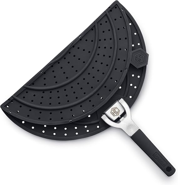 HexClad Grease Splatter Screen for Frying and Searing, Fits 10 and 12-inch Pans, Dishwasher-Safe, Folding Design, Heat-Safe to 480F, Stay-Cool Locking Handle, Silicone and Stainless Steel