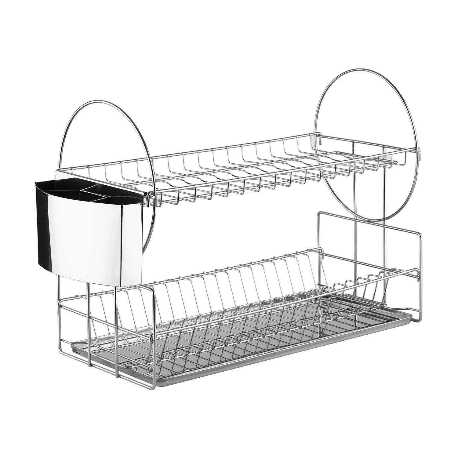 CPH20 2 Tiers Dish Rack Dish Drainer Utensil Cookware Flatware Stainless Steel Drying Dryer Rack Holder with Draining Board Holder