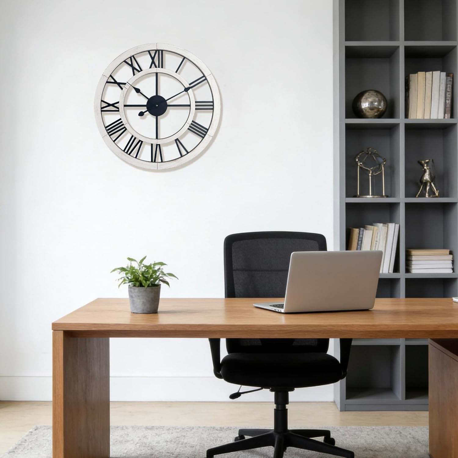24 Inch Large Rustic Wall Clock Silent Non-Ticking Wooden Wall Clocks with Roman Numerals Farmhouse Decorative Clock for Living Room Bedroom Office (White, 24 Inch)