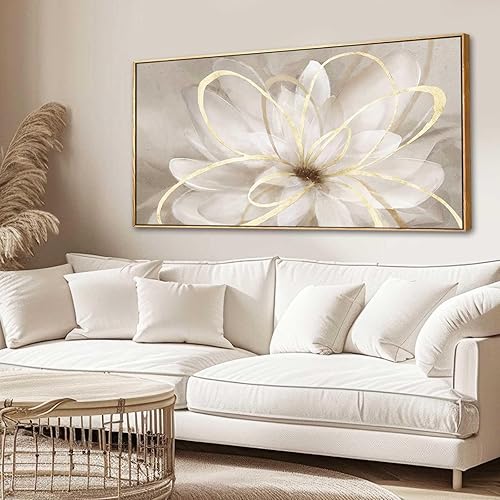 Framed Abstract Wall Art Gold Pictures Wall Decor Line Painting on Canvas 20"x 40" Contemporary Floral Artwork for Living room Office Bedroom Aesthetic