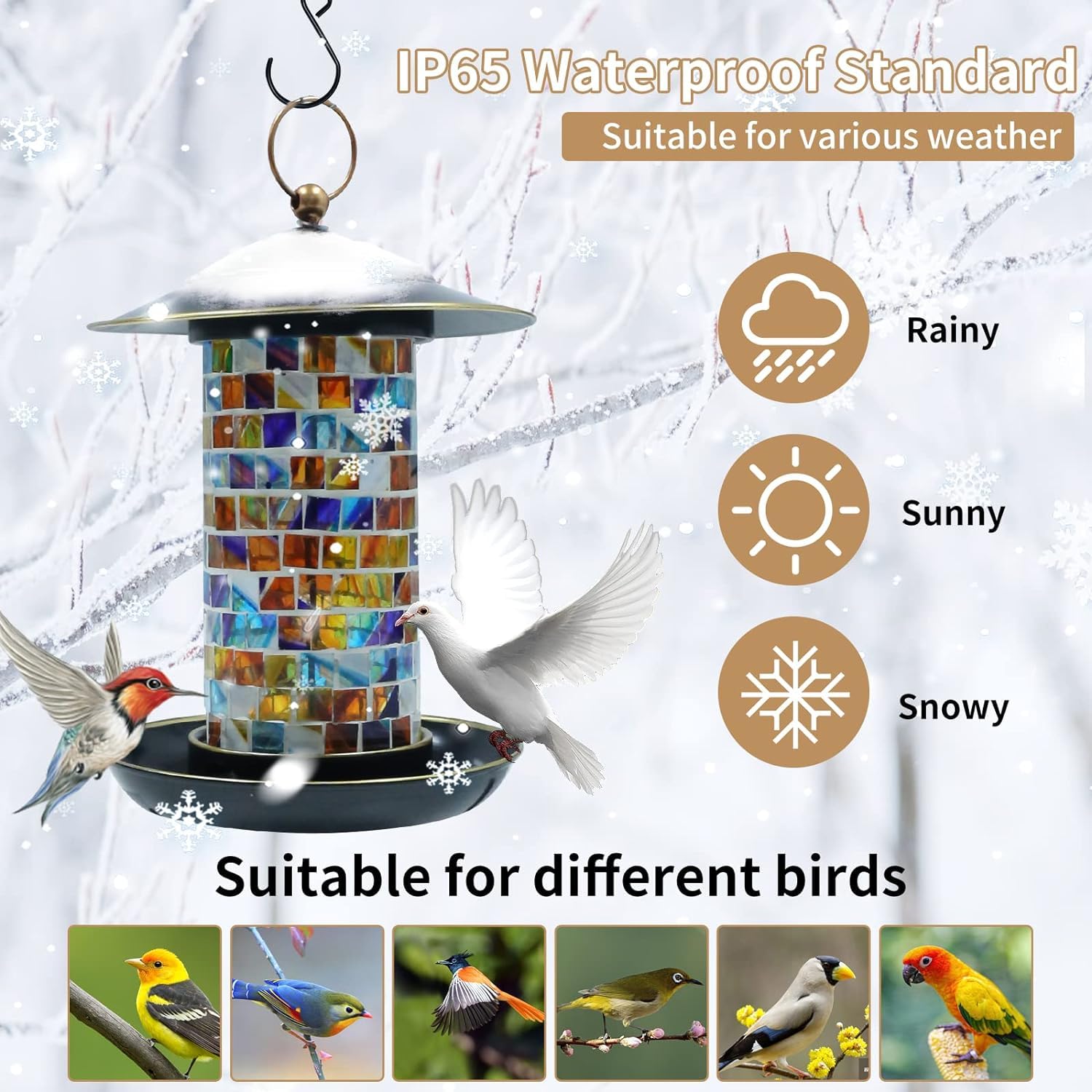 Comedero de Vidrio soplado a Mano con Mosaico, comederos para pájaros Salvajes de Gran Capacidad, comedero para pájaros Colgante de Metal para jardín (Colorido)
