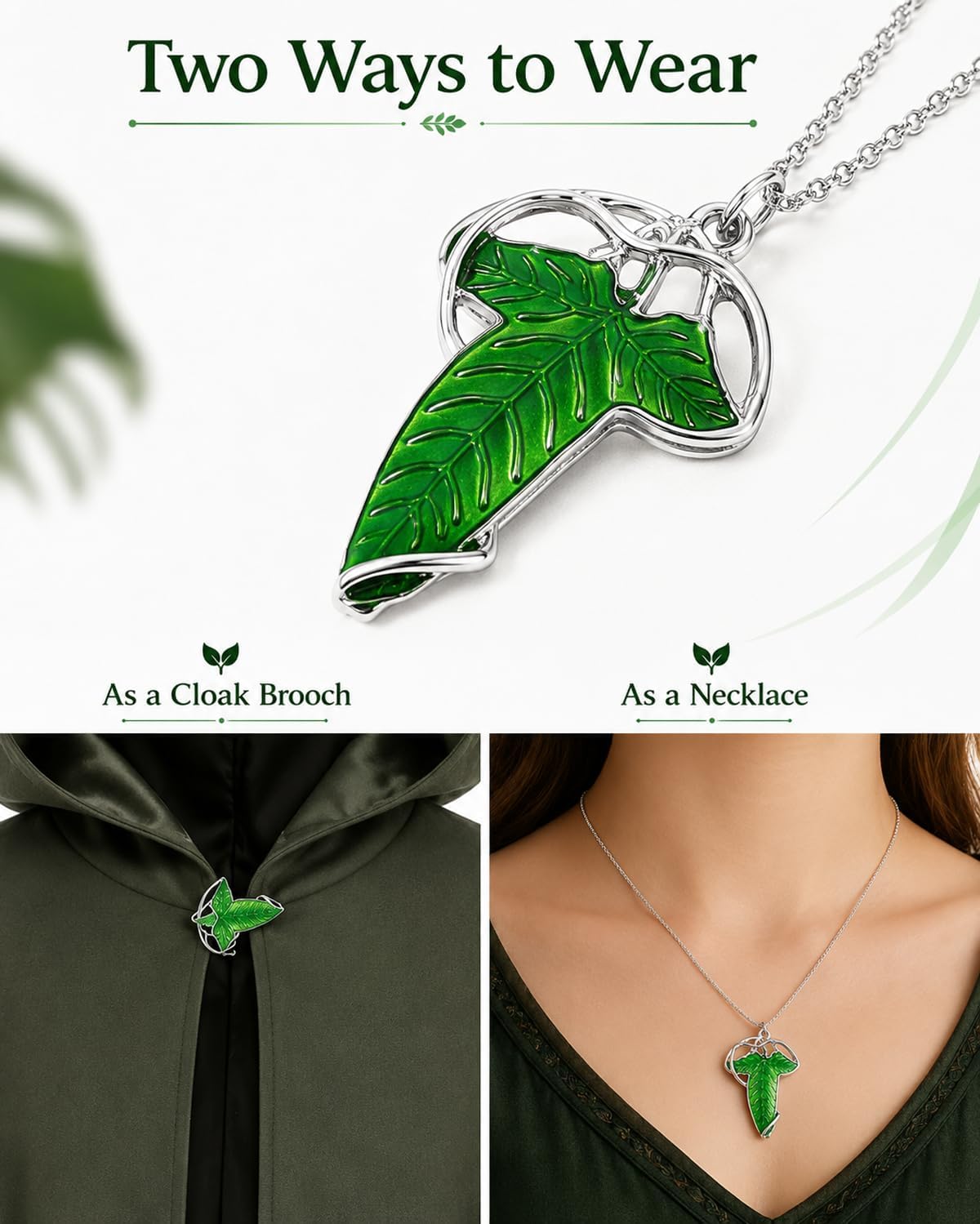 Medieval Hooded Cloak Robe Renaissance Cape with Leaf Brooch Necklace, Halloween Cosplay Elf Witch Vintage Costume