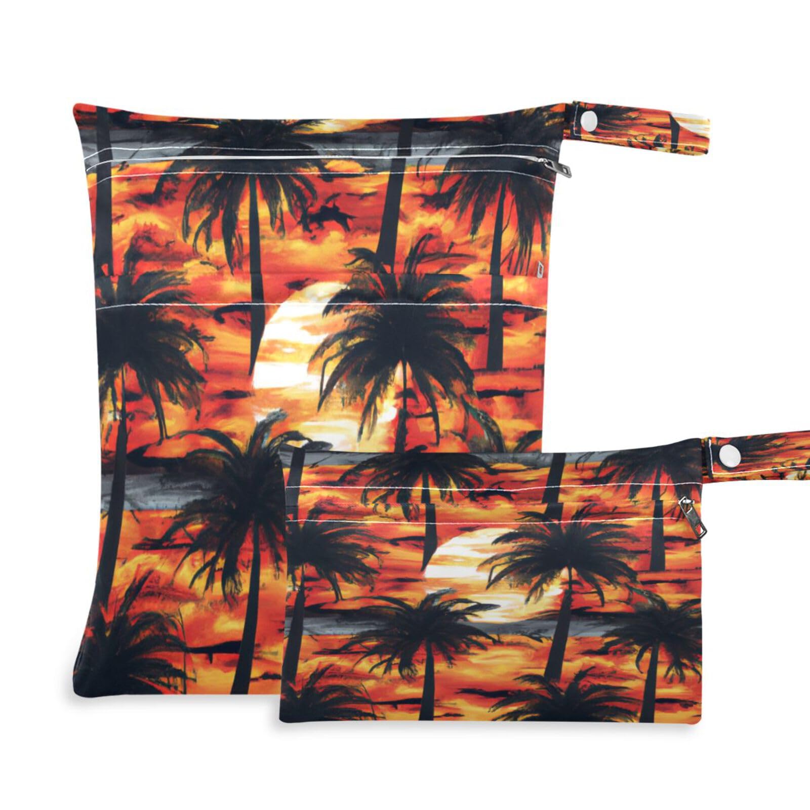 ATTX Sunset Palm Trees Wet Dry Bags 2-Pack - Reusable Cloth Diaper Storage for Travel, Beach & Gym | Multi-Use Waterproof Bags for Swimsuits, Baby Clothes, Sports Gear#82
