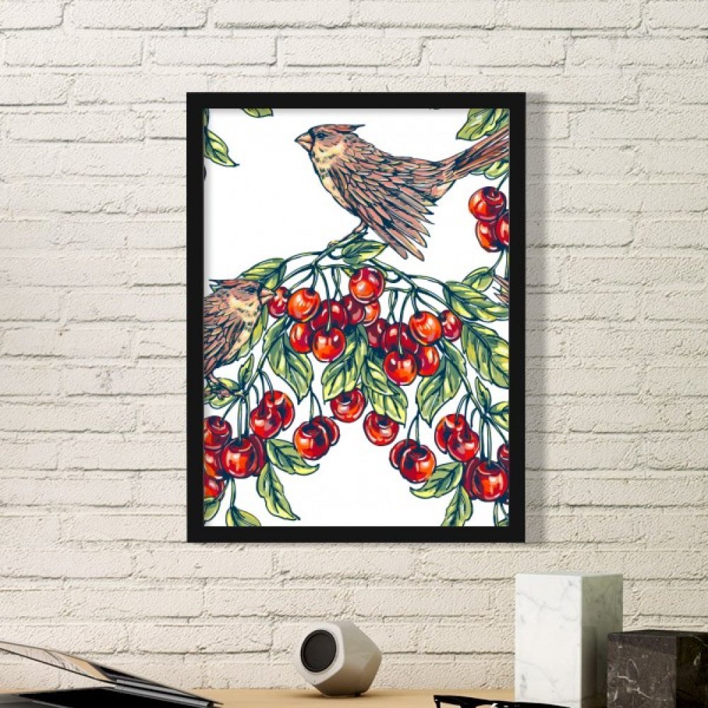 Image oiseau fruit dans un cadre noir discret pour cuisine zen