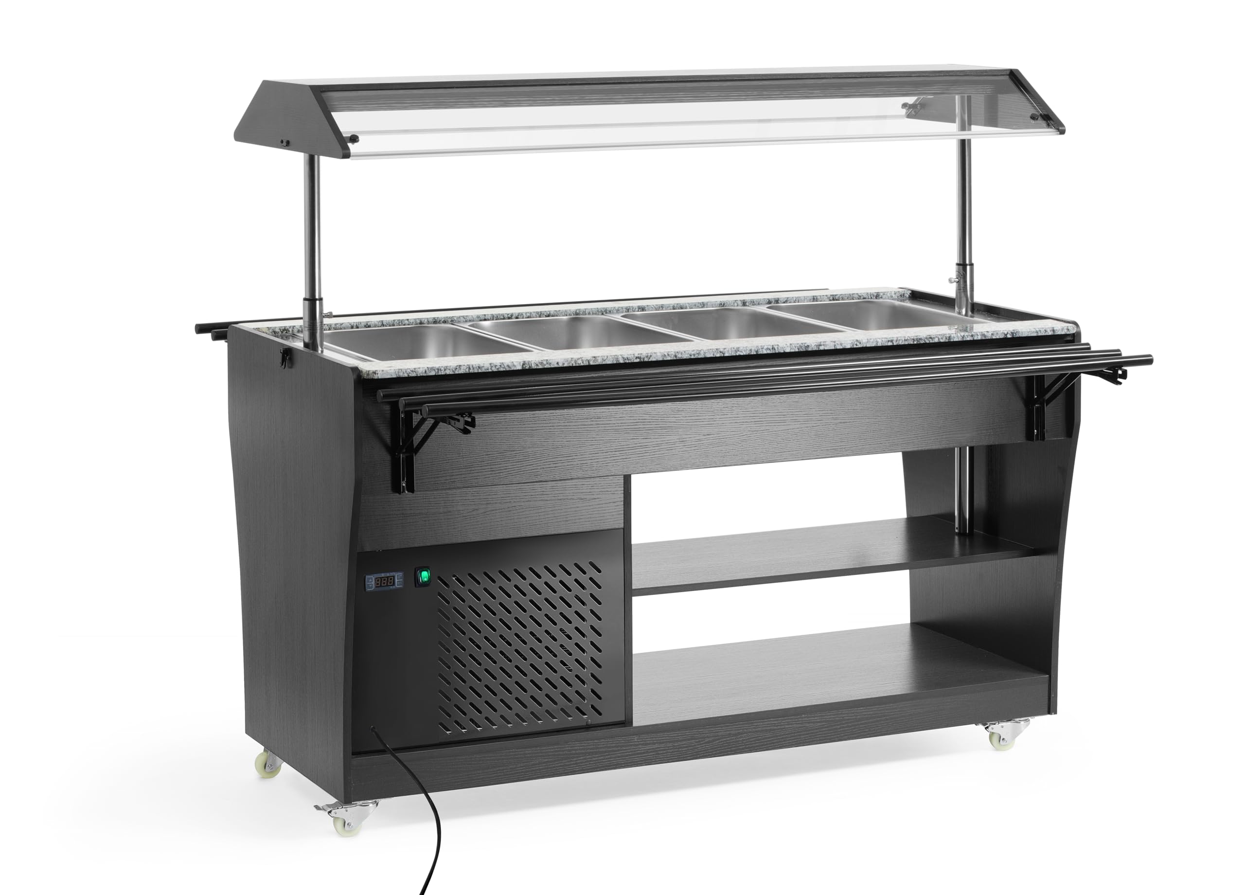 HENDI Buffet-Theke, gekühlt, mit 4x GN1/1 Behälter, 2 Ablageboden, Temperaturbereich: 2° bis 10°C, 4 Lenkrollen, Schutzabdeckung, Salatbar, 230V/170W, 1490x1260x(H)1370mm, Edelstahl, Glas, schwarz