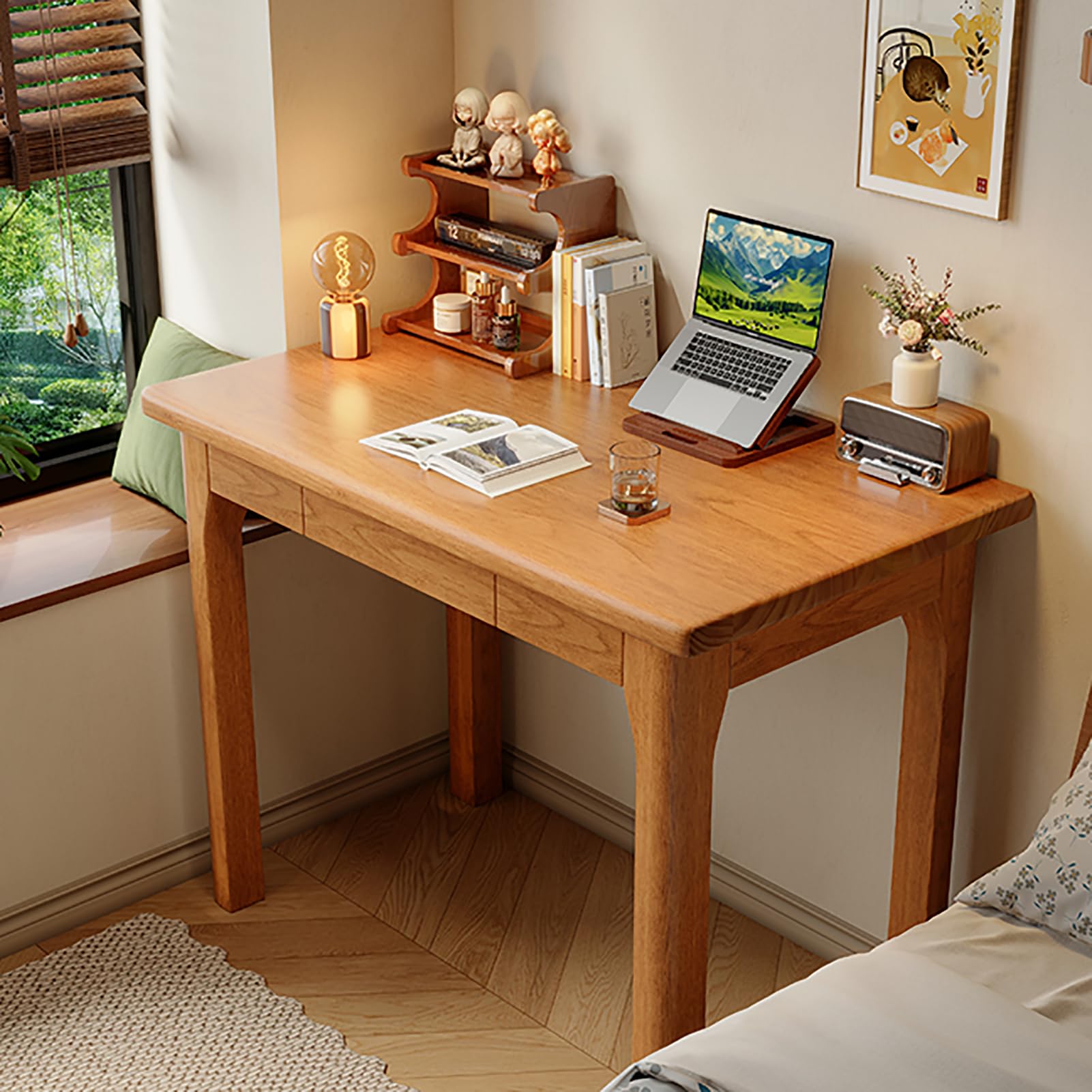 SXZenSpace Solid Wood Writing Desk with Drawer, Small Computer Table Study Work Home Office Desks Pc Workstation for Spaces, Easy Assembly (120x60x75cm(47x24x29), Wood)