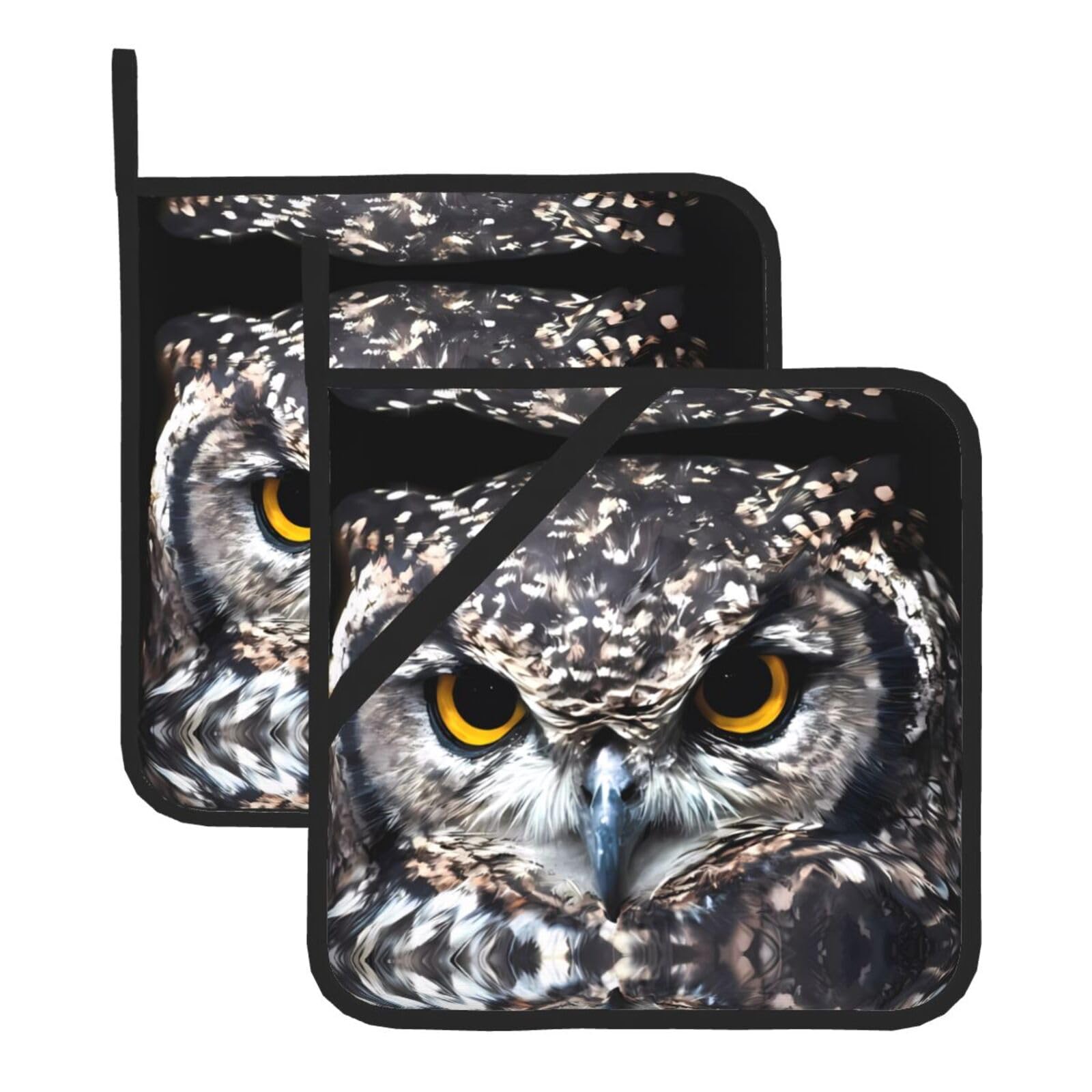 YYHWHJDE Yellow eyed owl Prints Square Hot Pads for Kitchen Counter - Waterproof Pot Holders, Durable Oven Mitt Layers with Hanging Loop, Heat Resistant Trivets (2-Pack)