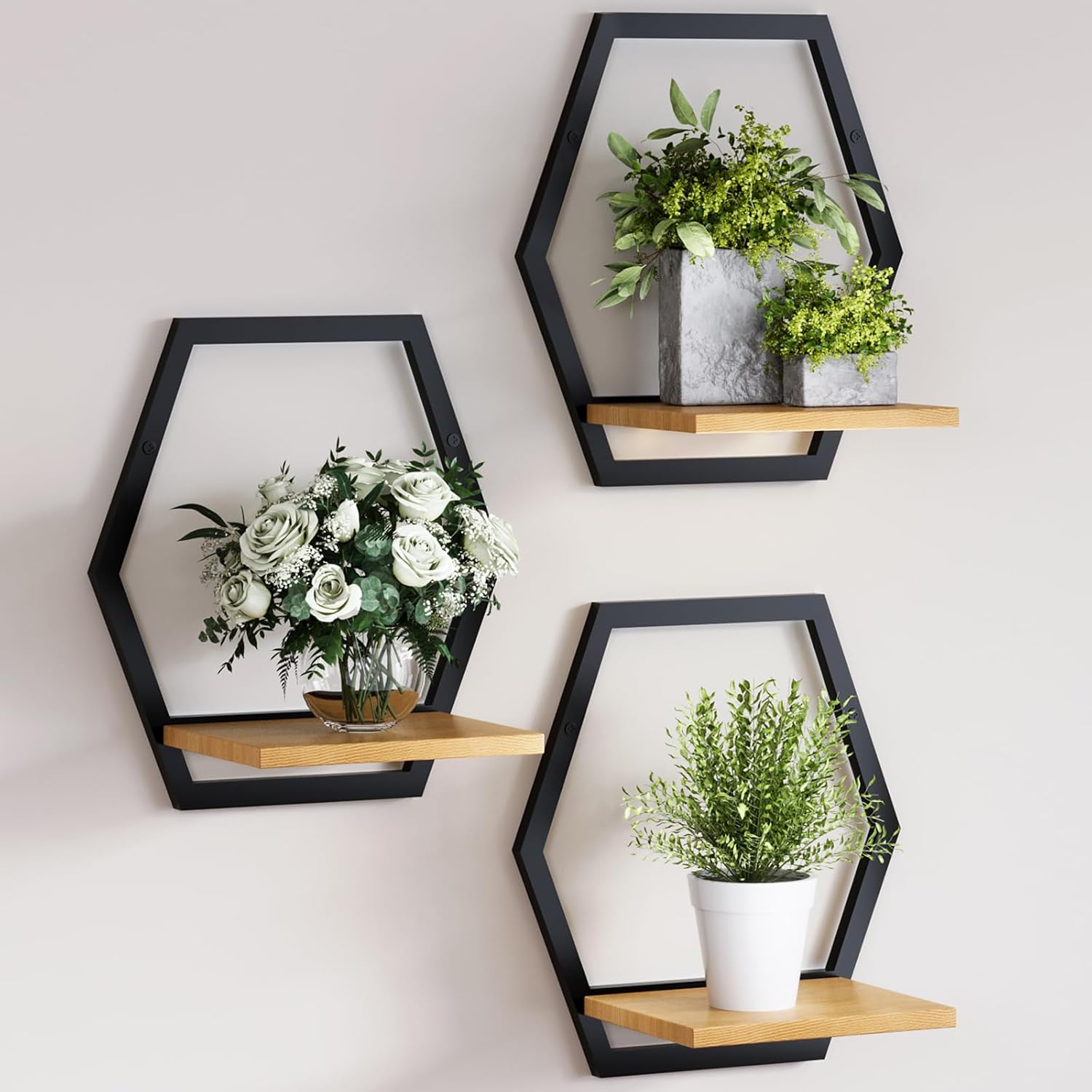 3 Pack Solid Wood & Heavy Duty Metal Wall Plant Stands,9 inch Natural Wood Shelf, Boho Arch Hanging Planter for Indoor 25 LB Load for Plants, Flowers, Herbs Black