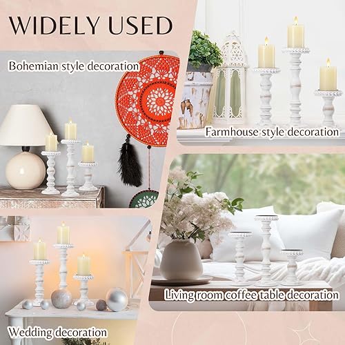 Miniatura 5 de Mumufy 3 portavelas para velas de pilar, decoración rústica de casa de campo, decoración del hogar, con cuentas lavadas, portavelas de madera blanca