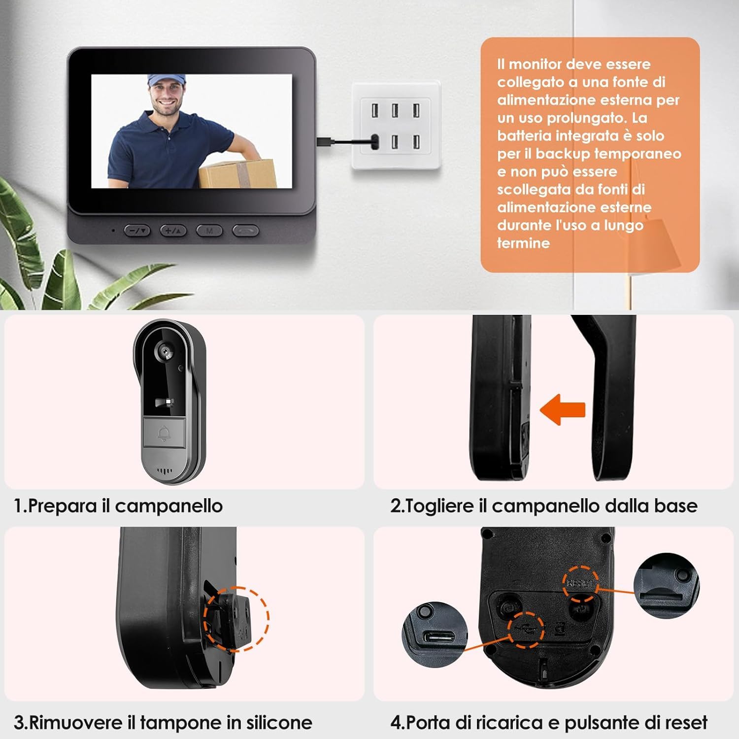 Campanello senza fili esterno citofono senza fili 1080P impermeabile videocitofono esterno con schermo 4.3" visione 170° Campanello con visione notturna Videocitofono per casa famiglia citofono senza