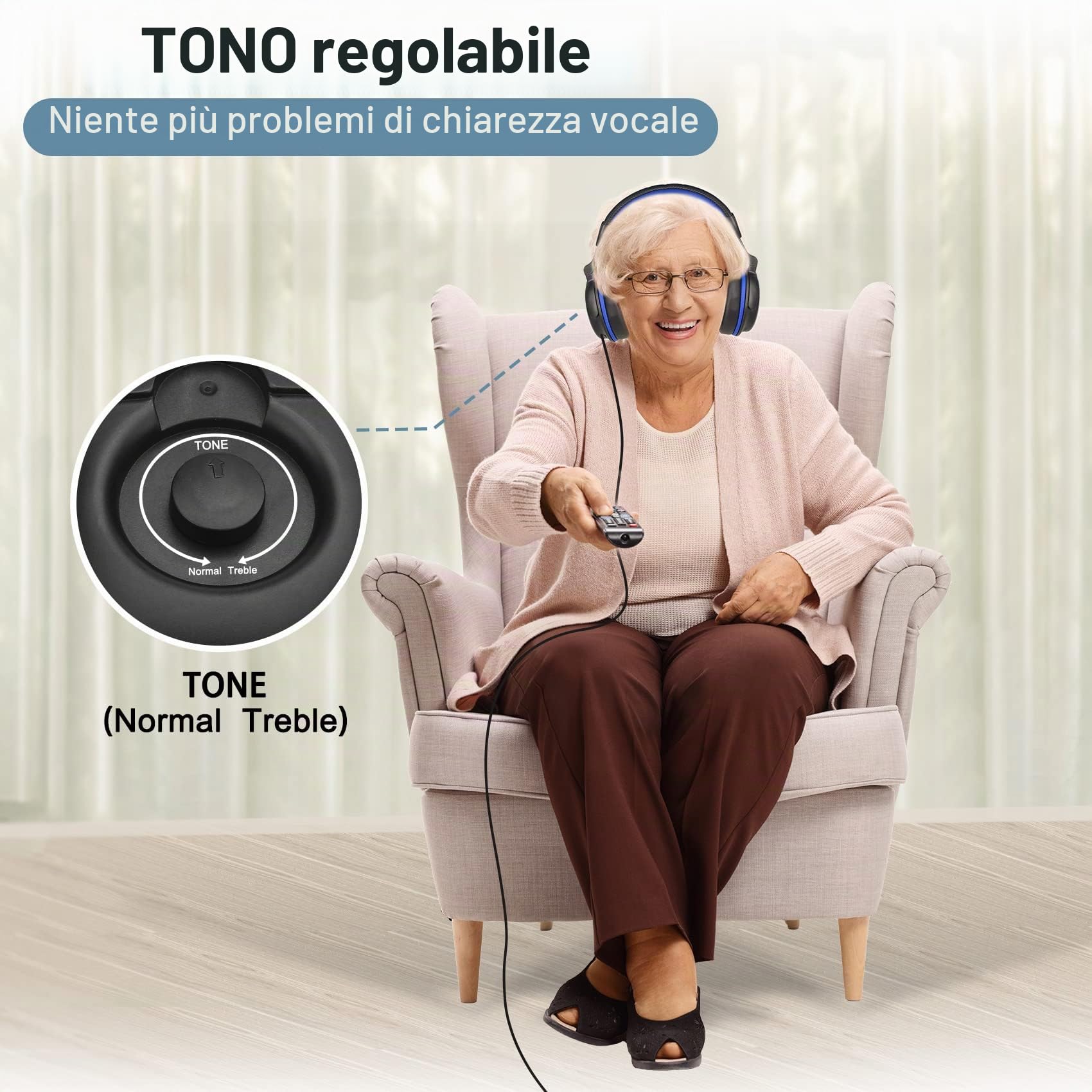 SIMOLIO Cuffie con cavo extra lungo per TV con volume amplificato e dialogo chiaro, cavo a bobina lungo 5,5 m, cuffie over-ear cablate per TV per anziani con controllo del volume e clip, 40 ore di