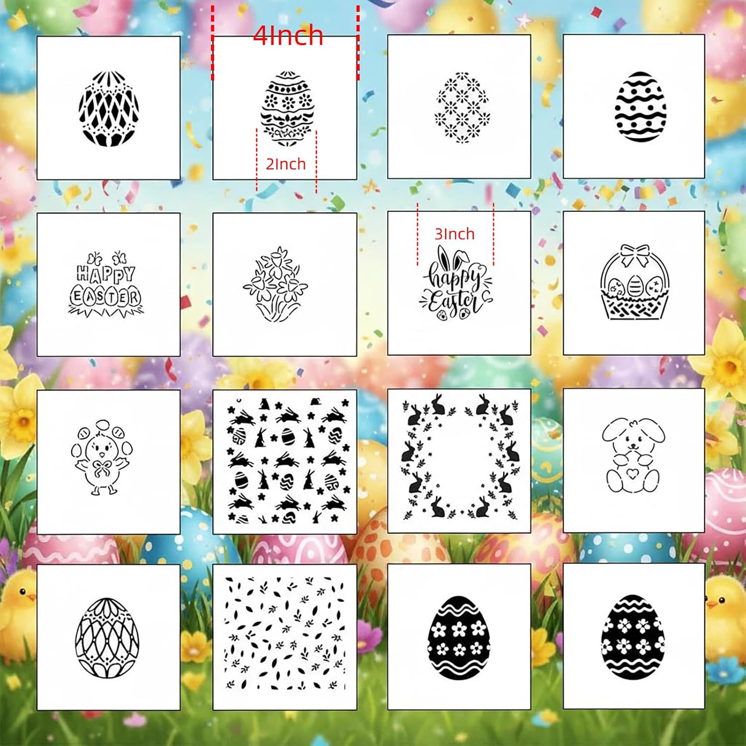 Easter Eggs Bunny Cookie Stencils Templates, 16 Pieces, 4x4 Inch, Happy Easter Spring DIY Sugar Cookies Stencil for Party Supplies