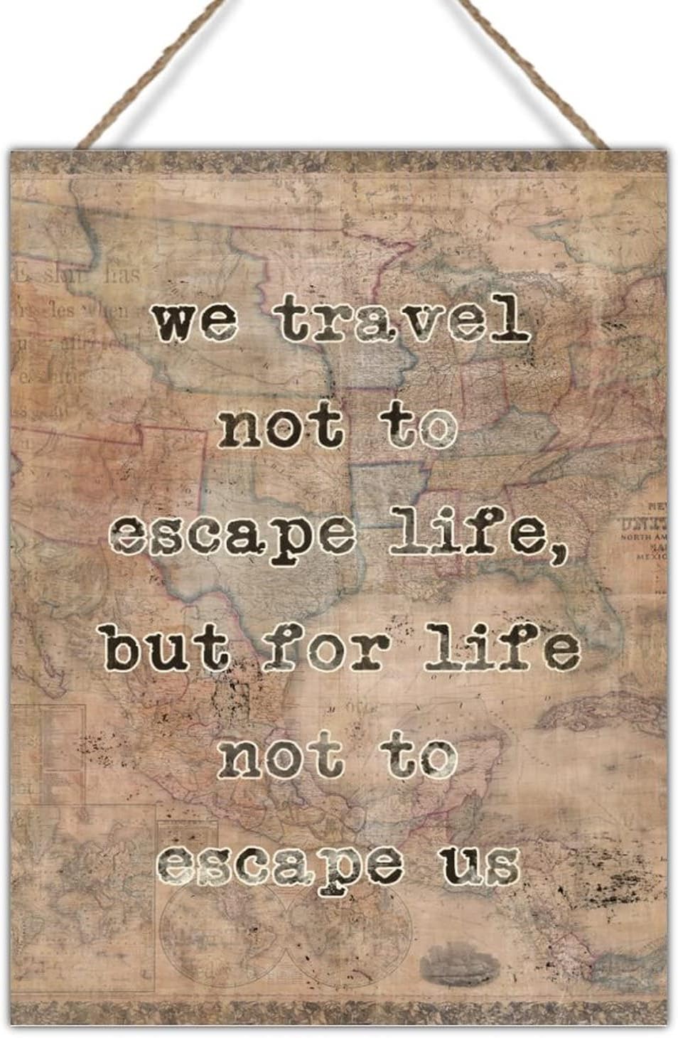 Vintage Map Sign Wall Decor We Travel Not to Life Wood Wall Art Plaque Double Hemisphere Map Adventure Decorations Signs for Home Office Bar Wall Art Decor 18x24in