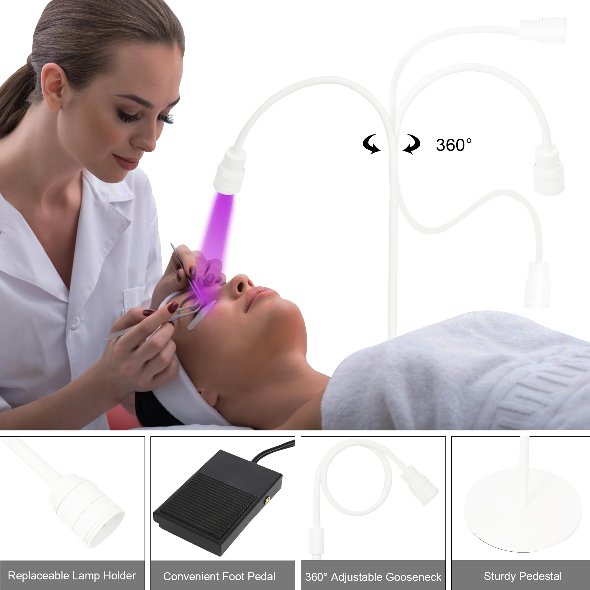 UV Wimpern Lampe, 10W LED-UV-Licht für Lichthärtenden Anwendungen, Schwanenhals Wimpernlicht, 1-3 Seconds Quick Healing, Wimpernverlängerung Einstellbare Punktgröße with Fußschalter,Weiss
