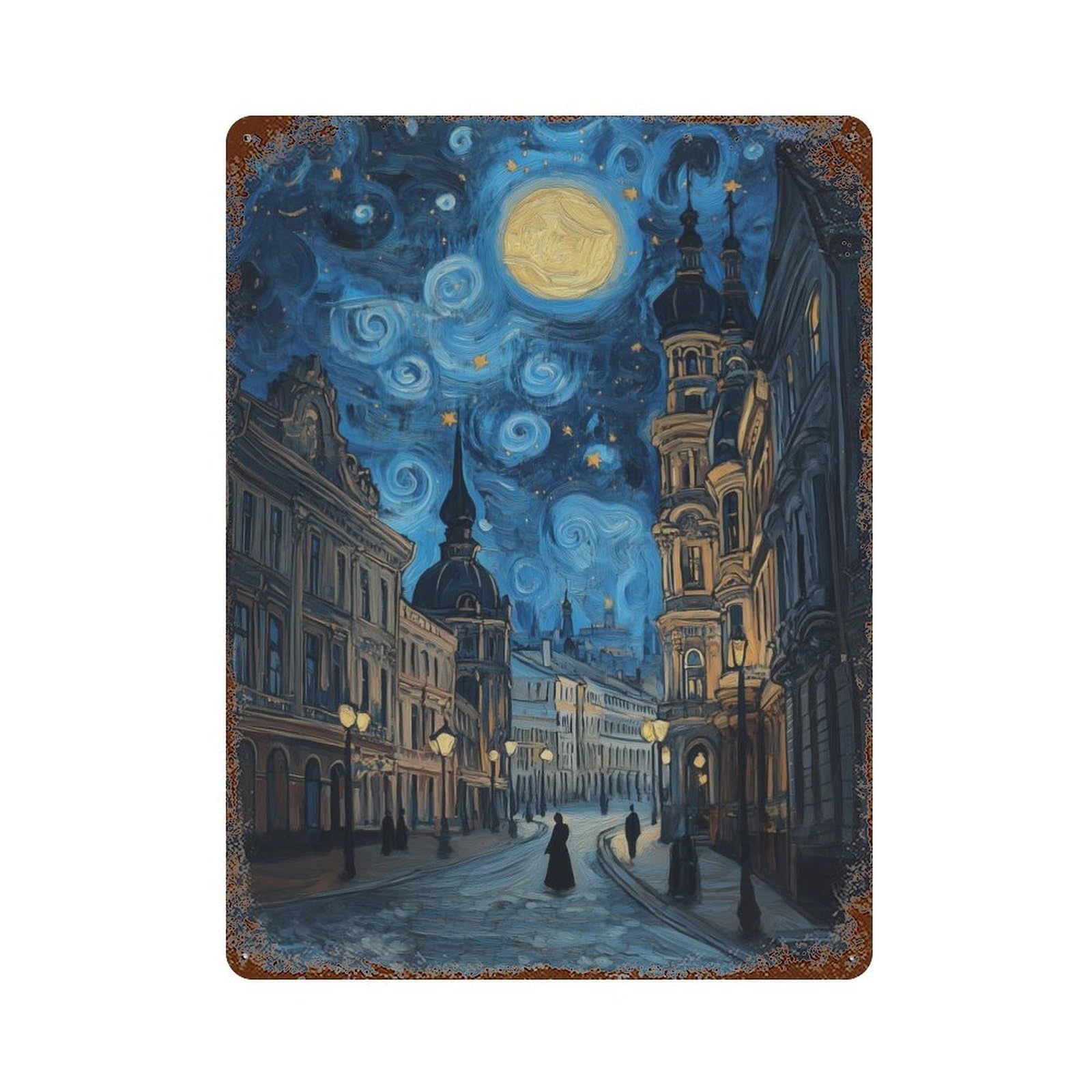 Starry Night Cityscape Decorative Tin Sign 15.7"x11.8", Ideal for Cafe, Home Bar And Lounge Decor