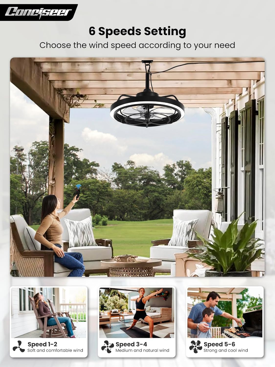 Outdoor Ceiling Fan with Light for Patio, 20" Waterproof All-Weather Plug-in Hanging Fan, Smart APP/Remote Control, 3CCT Dimmable LED, Caged Design for Gazebo, Pergola, Porch