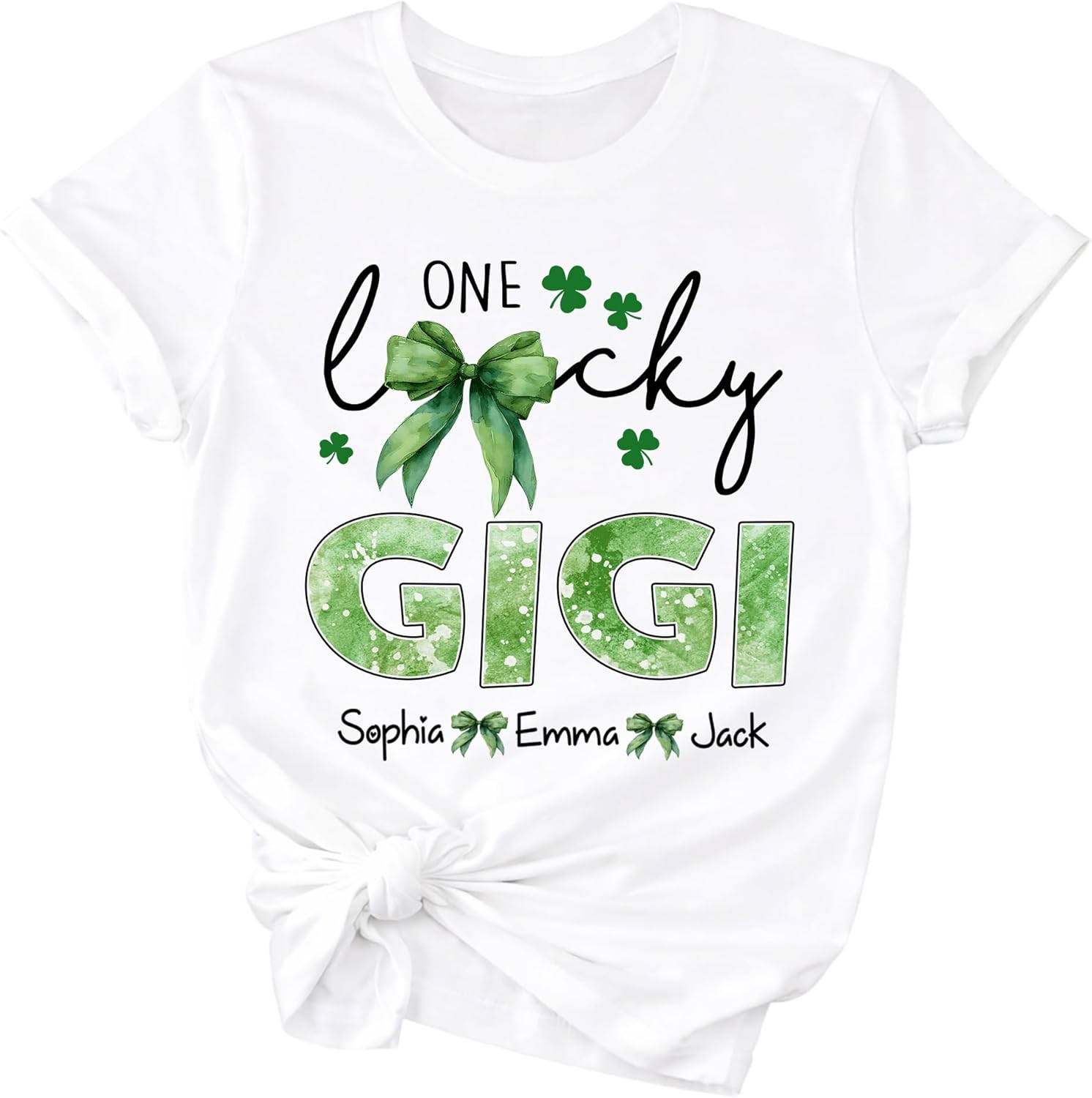 Personalized One Lucky Family T Shirt with Kids Names Shamrock Bow Design Mom Grandma Nana Mimi Gigi Mama Custom Family Shirt