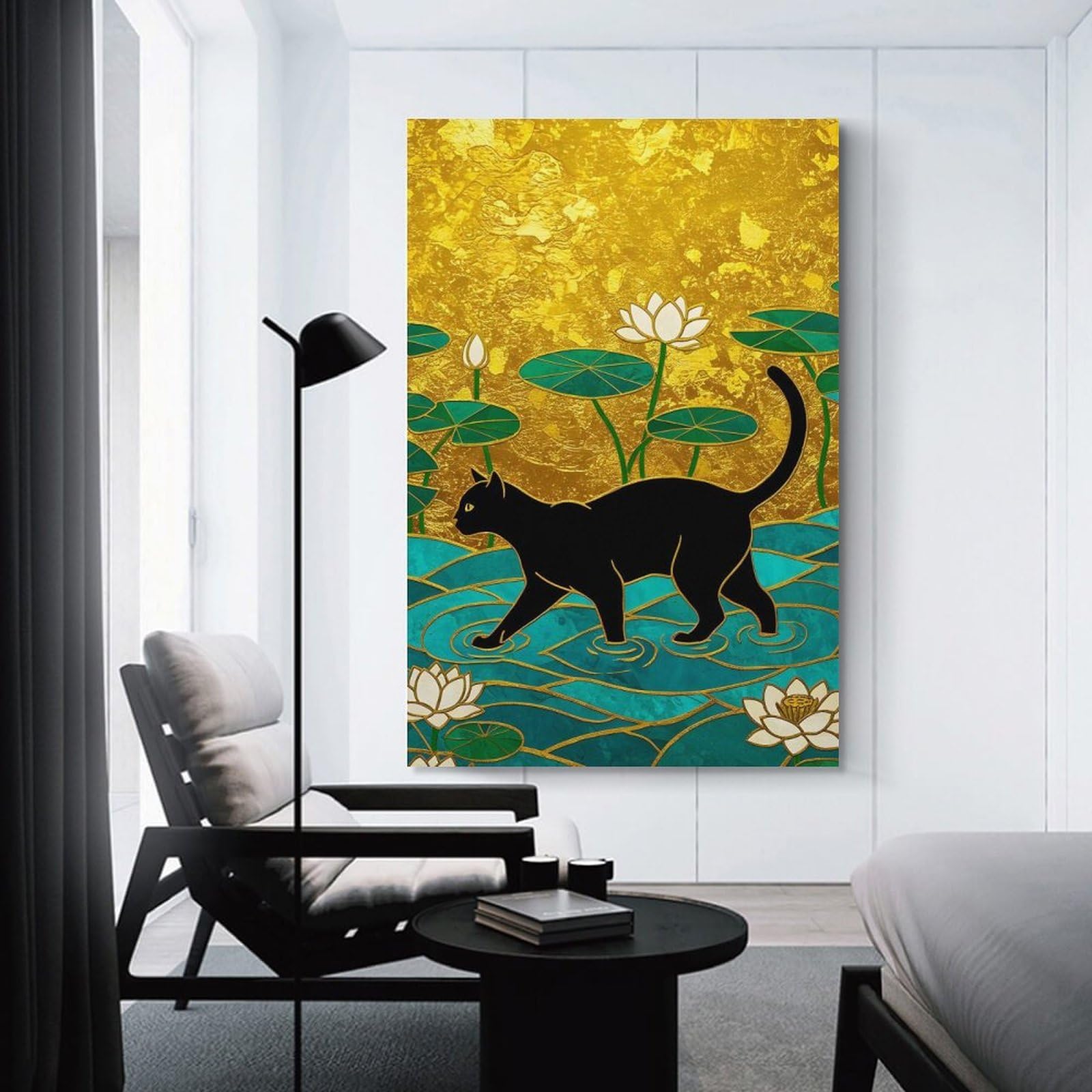 Junmoney Unframe-Style-11 Black Cat In Lotus Pond Room Decor Wall Art, 20X30inch(50X75cm), For Living Room, Bedroom, Office Or Hallway, Decorative Artwork With Broad Appeal