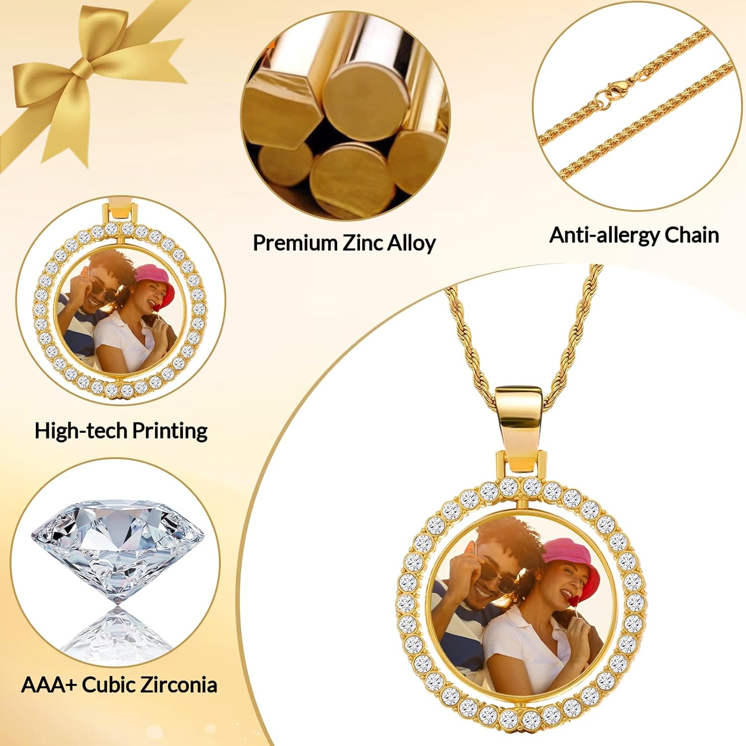 HJX Custom Circle Chain with Picture Necklace 18K Gold Plated Pendant, Memorial Necklace with Picture Gift for Men Women - Image 4