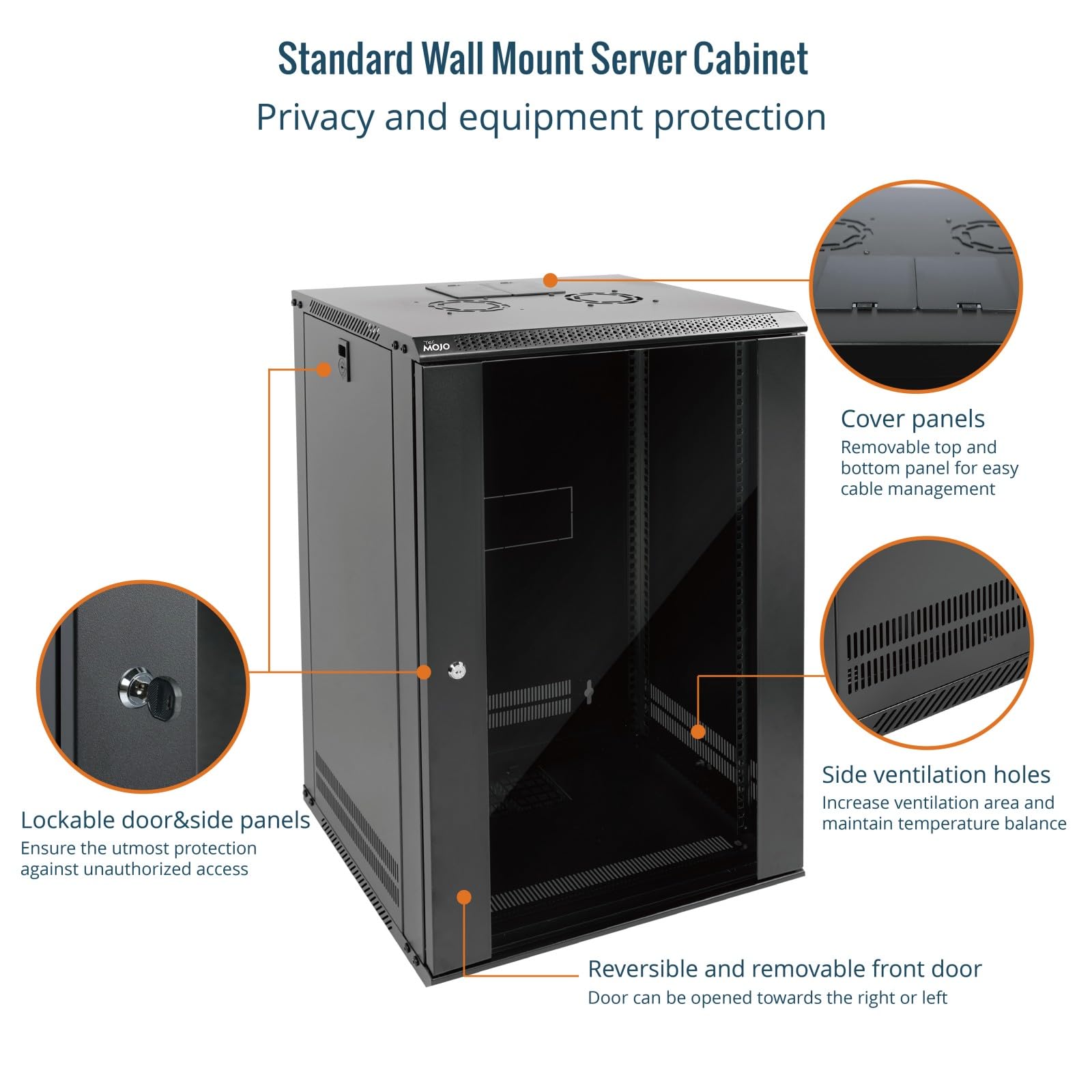 Tecmojo 19 Zoll 18HE 450 mm Tief Netzwerk-Schrank, Wand-Serverschrank, 19 Zoll IT-Netzwerk-Rack-Gehäuse, abschließbare Tür und Seitenwände, Glastür, Schwarz, Flachverpackung