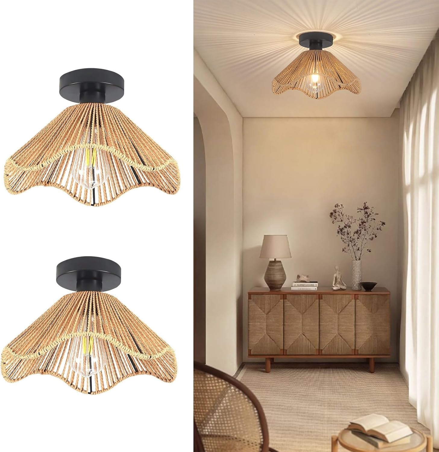 Boho Rattan Ceiling Light Fixture, Mini Rattan Chandelier Lighting Fixture, Hand Woven Ceiling Light Fixtures for Hallway Bedroom Kitchen Entryway Living Room (Light Brown 2)