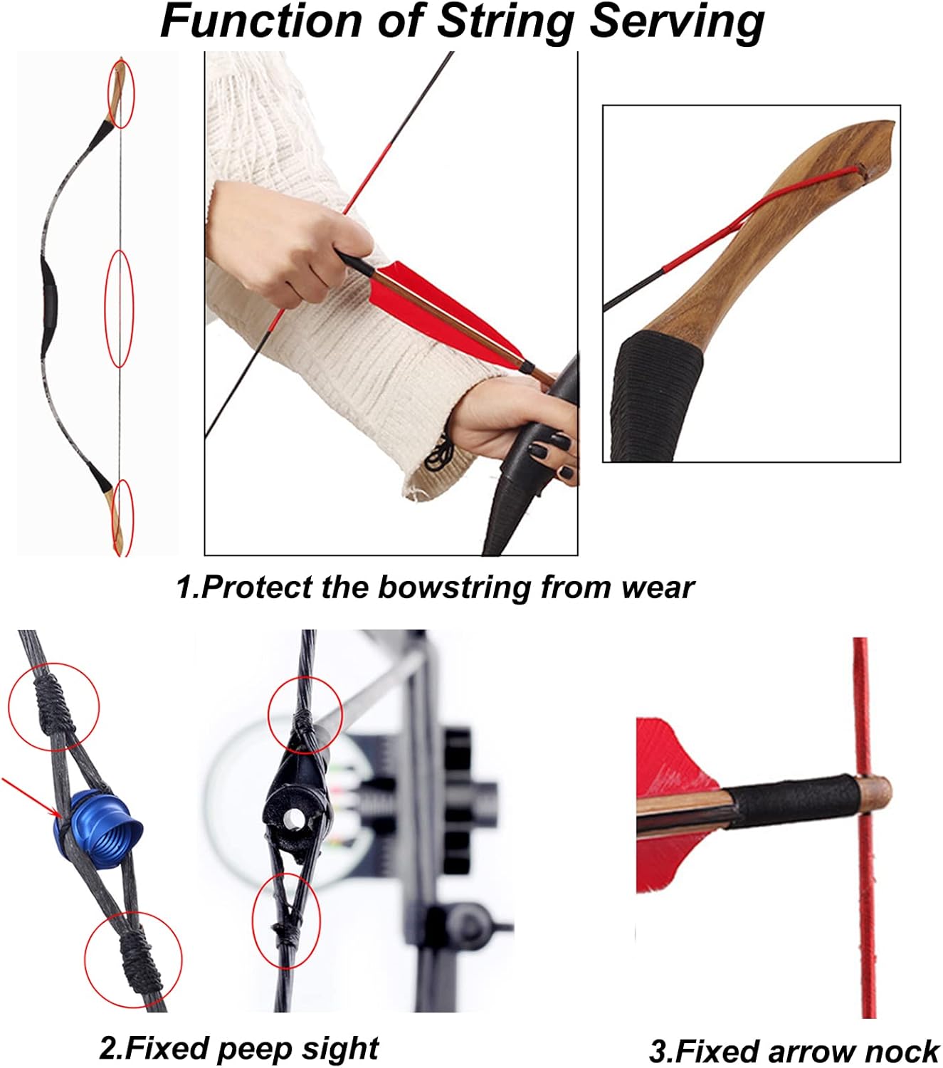 SOPOGER Archery Bow String Serving Thread 131 yard/120 m Durable Nylon Bowstring Serving Thread for Compound Recurve Bow Tying Peep Sight Nock Point (Black) : Sports & Outdoors