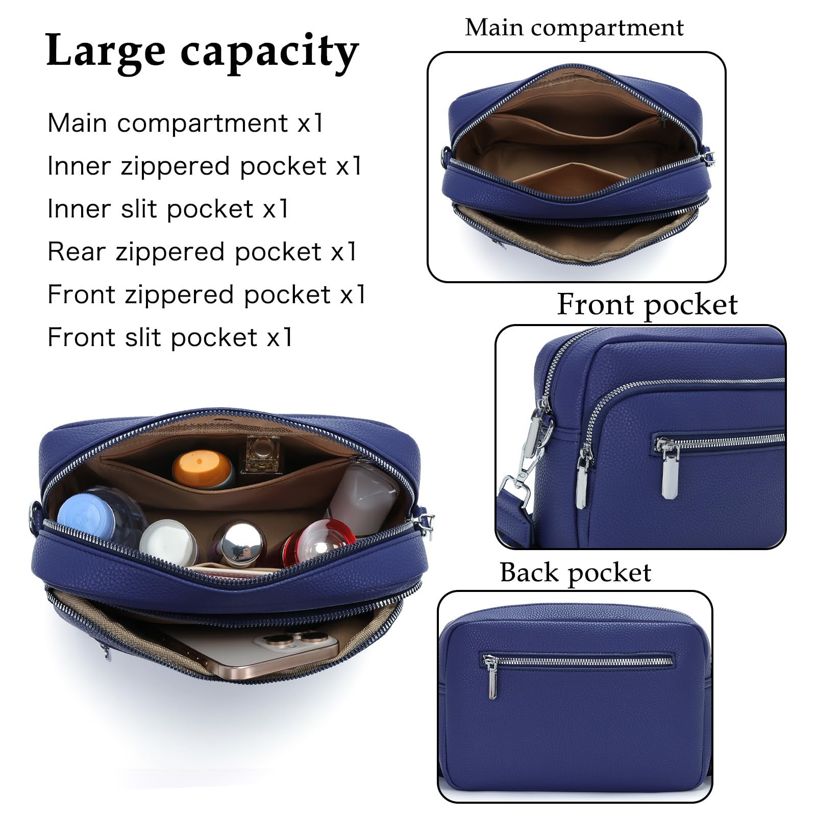 26x18cm Sac Bandouliere Femme Petit avec Large Sangle Sac à Main en Cuir Vegan Élégant Sac Bandoulière Femme Ajustable pour Quotidien & Voyage Bleu foncé