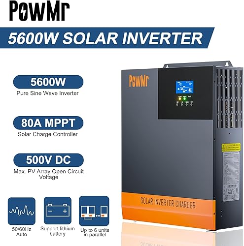 Miniatura 2 de PowMr Inversor solar de 5600 W 48 V CC a 220-230 V CA, inversor híbrido de onda sinusoidal pura con controlador de carga solar MPPT de 80 A, para
